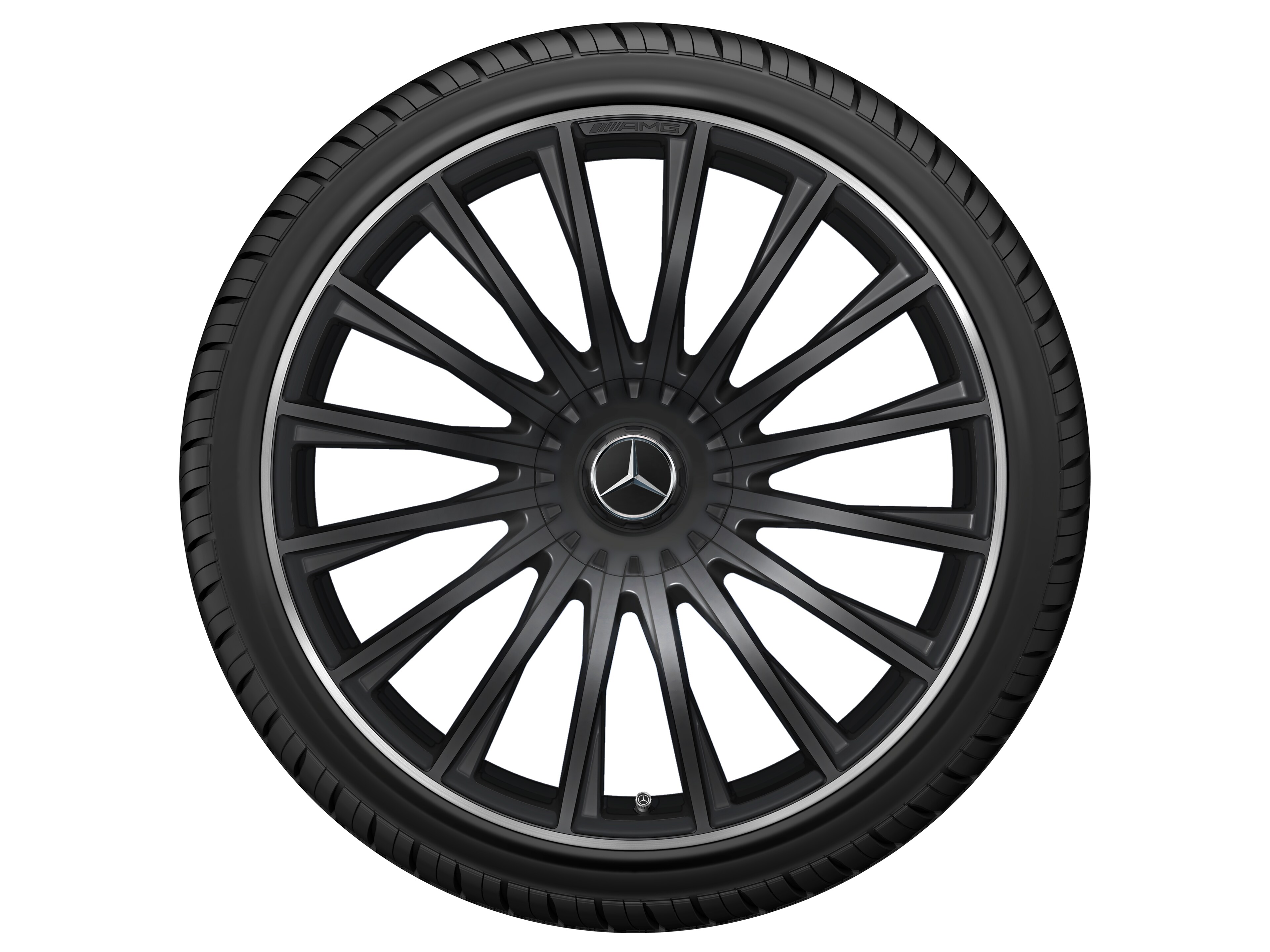 Obręcz kuta AMG wieloramienna, 53,3 cm (21 cali), Obrzeże obręczy polerowane na połysk - 10,5 J x 21 ET 50, czarny mat, obrzeże obręczy polerowane na połysk
