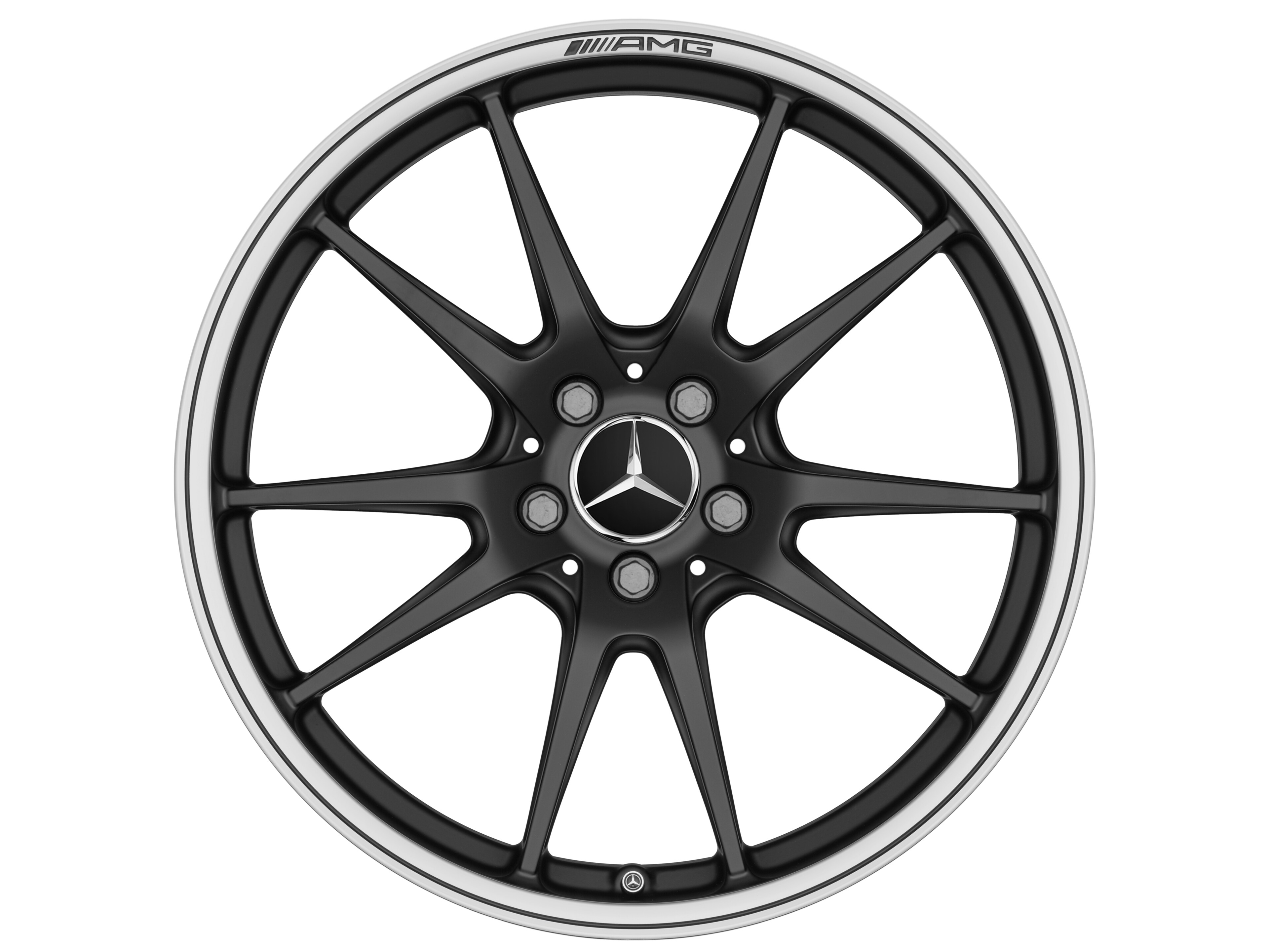 Obręcz kuta AMG z 5 podwójnymi ramionami, 48,3 cm (19 cali), Obrzeże obręczy polerowane na połysk - 9 J x 19 ET 25, czarny mat, toczone na połysk