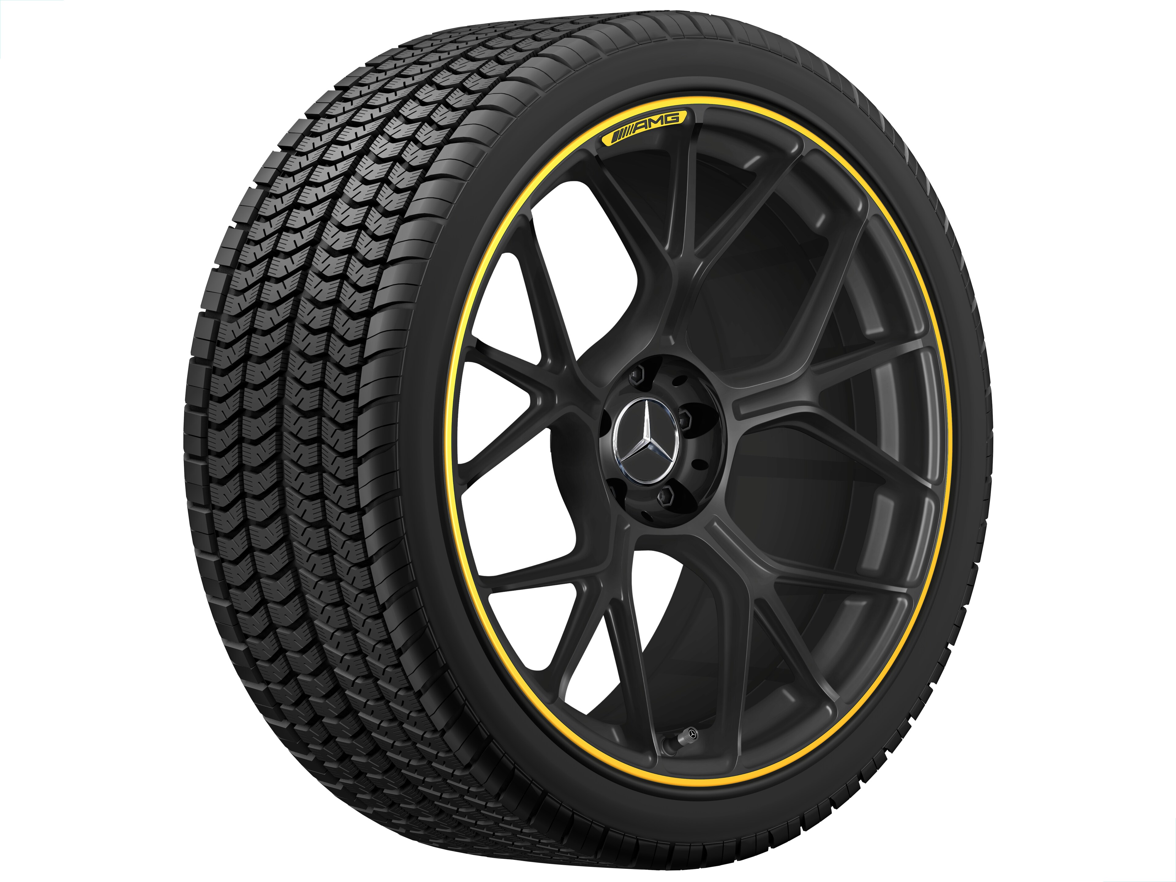 Obręcz kuta AMG z krzyżowymi ramionami, 50,8 cm (20 cali) - 11 J x 20 ET 24,1, czarny mat / żółty sygnalizacyjny, toczone na połysk