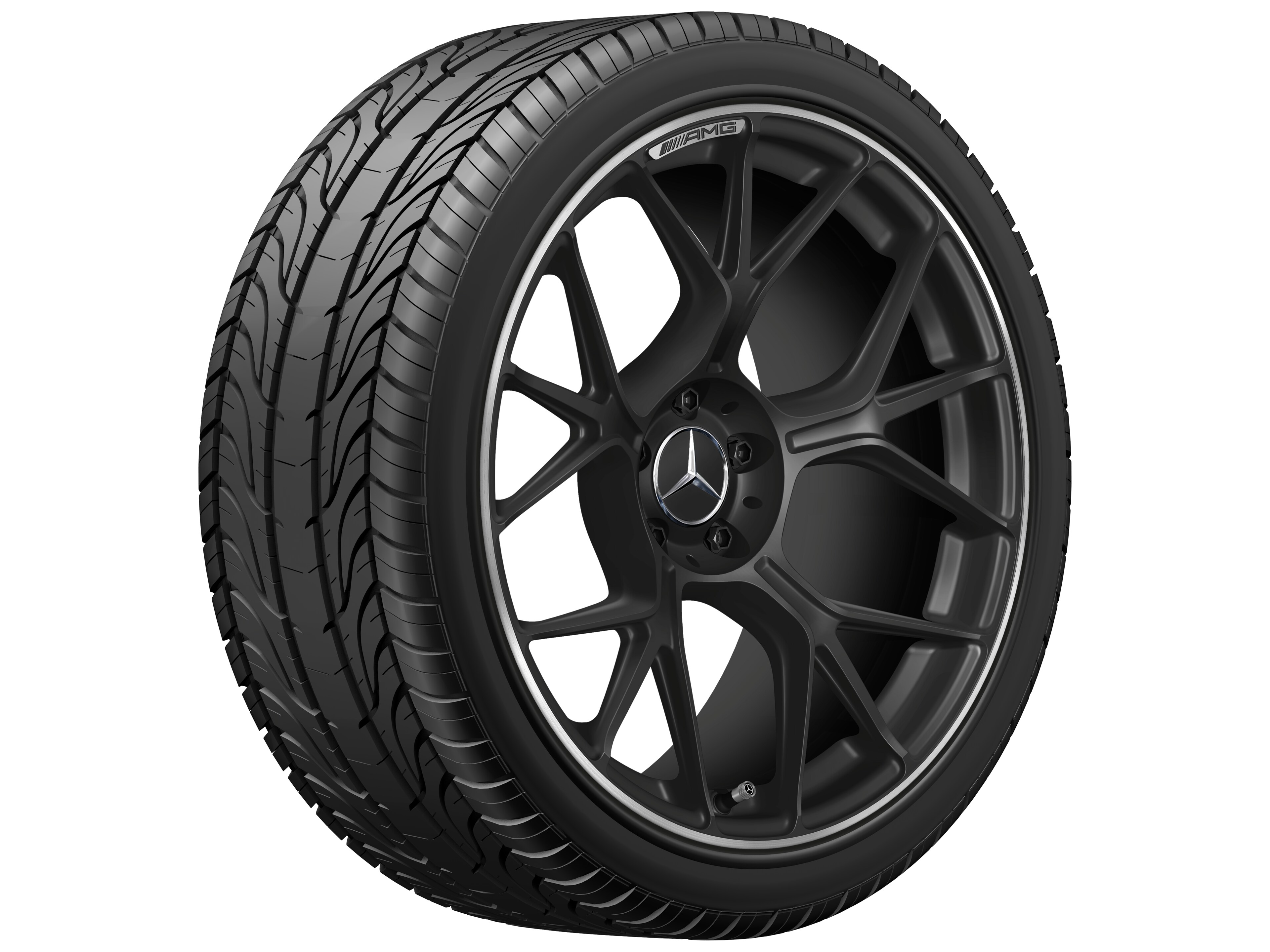 Obręcz kuta AMG z krzyżowymi ramionami, 50,8 cm (20 cali), Obrzeże obręczy polerowane na połysk - 11 J x 20 ET 24,1, czarny mat, obrzeże obręczy polerowane na połysk