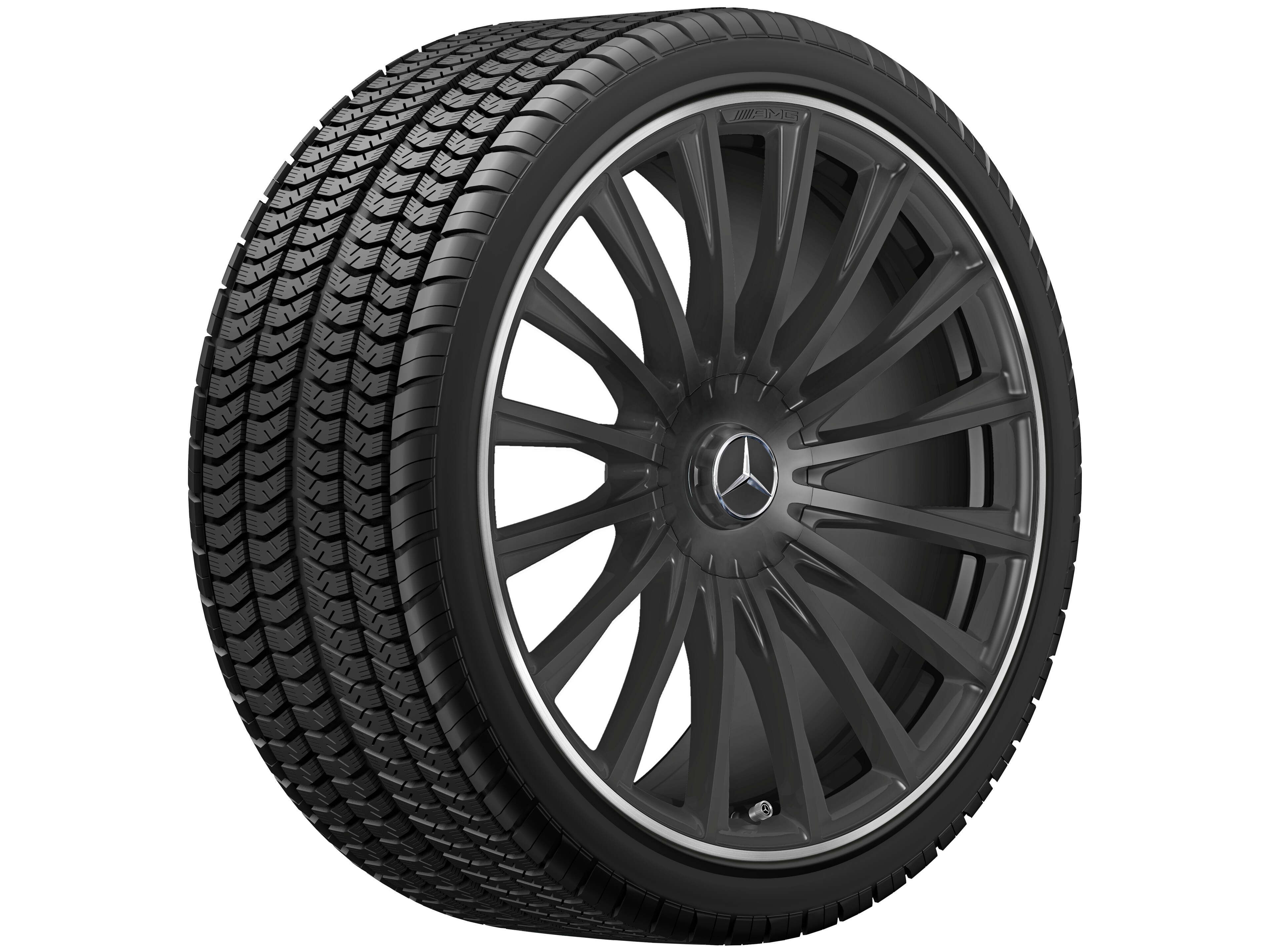 Obręcz kuta AMG wieloramienna, 53,3 cm (21 cali), Obrzeże obręczy polerowane na połysk - 10,5 J x 21 ET 50, czarny mat, obrzeże obręczy polerowane na połysk