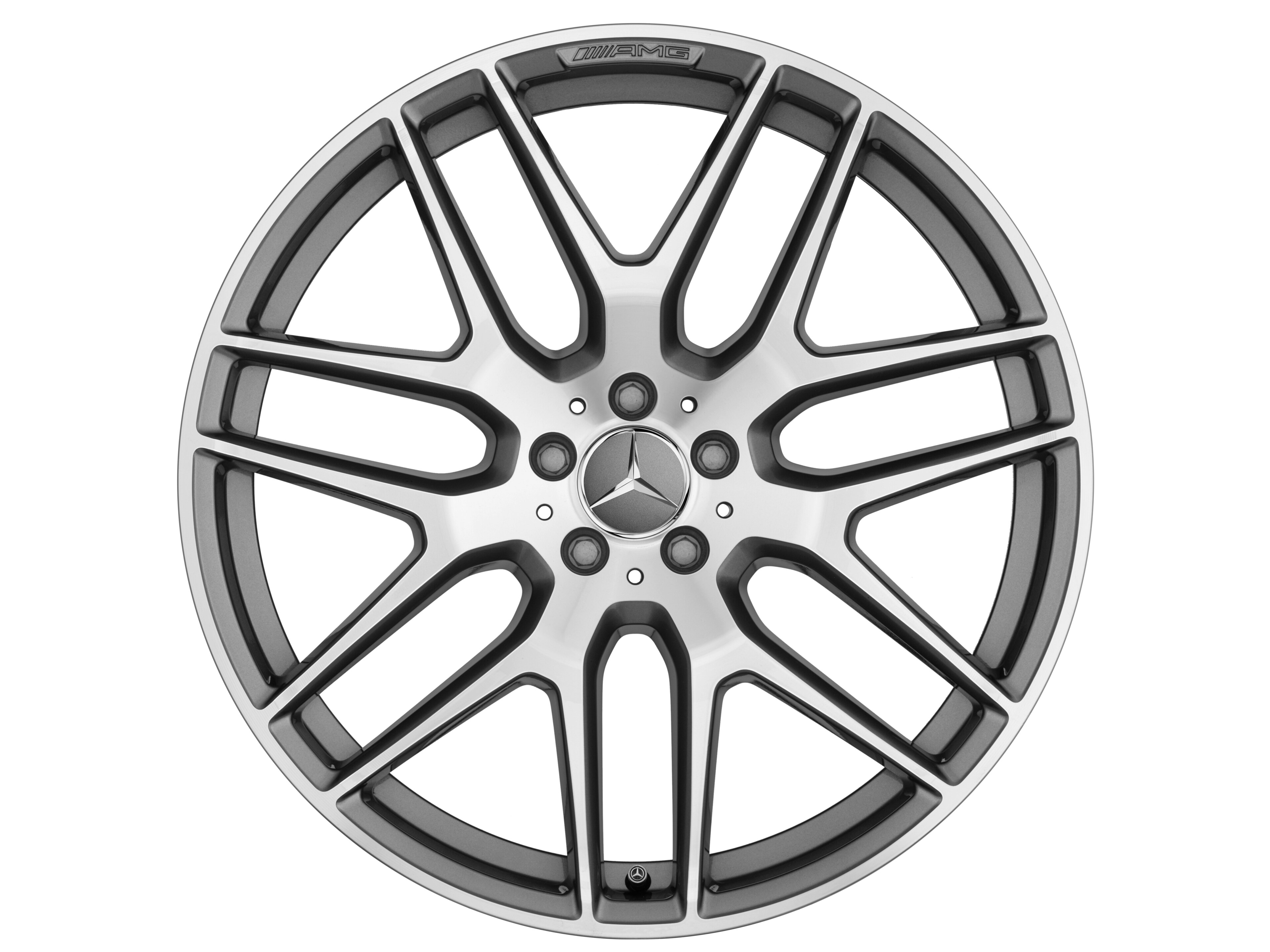 Obręcz AMG z lekkiego stopu, z krzyżowymi ramionami, 53,3 cm (21 cali) - 10 J x 21 ET 46, szarość tytanu, toczone na połysk