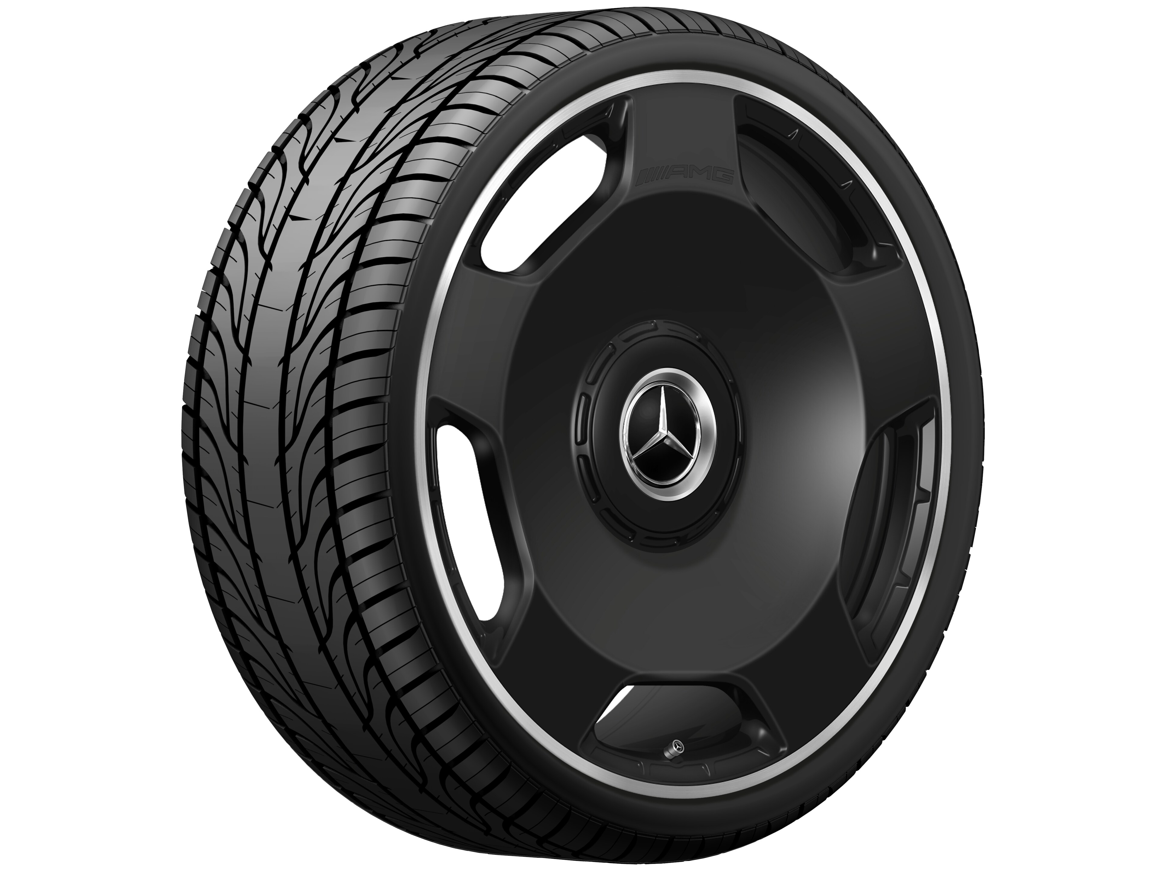 Obręcz kuta AMG 5-otworowe, 58,4 cm (23 cale), Obrzeże obręczy polerowane na połysk - 10 J x 23 ET 45, czarny mat, obrzeże obręczy polerowane na połysk
