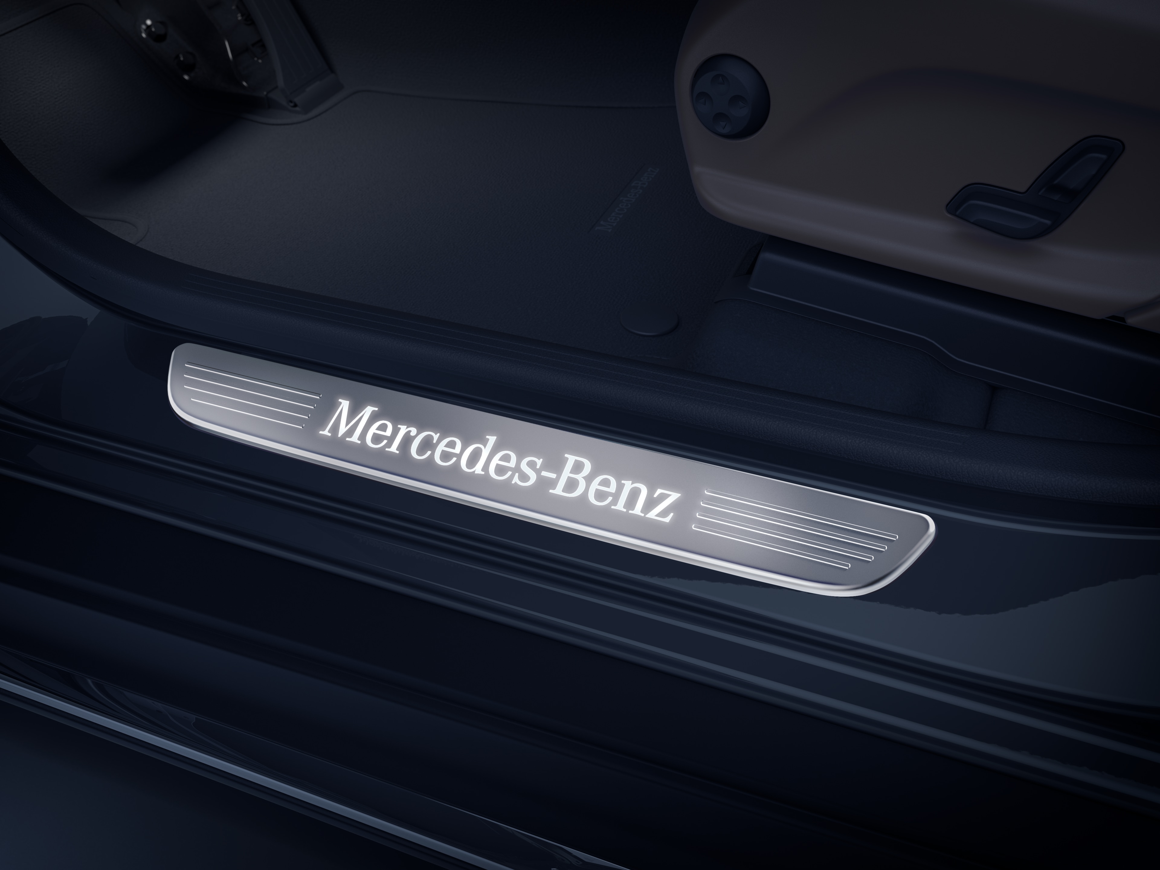 Wymienna nakładka na podświetlaną listwę progową, Mercedes-Benz, z przodu, 1-elementowy - stal nierdzewna, srebrny