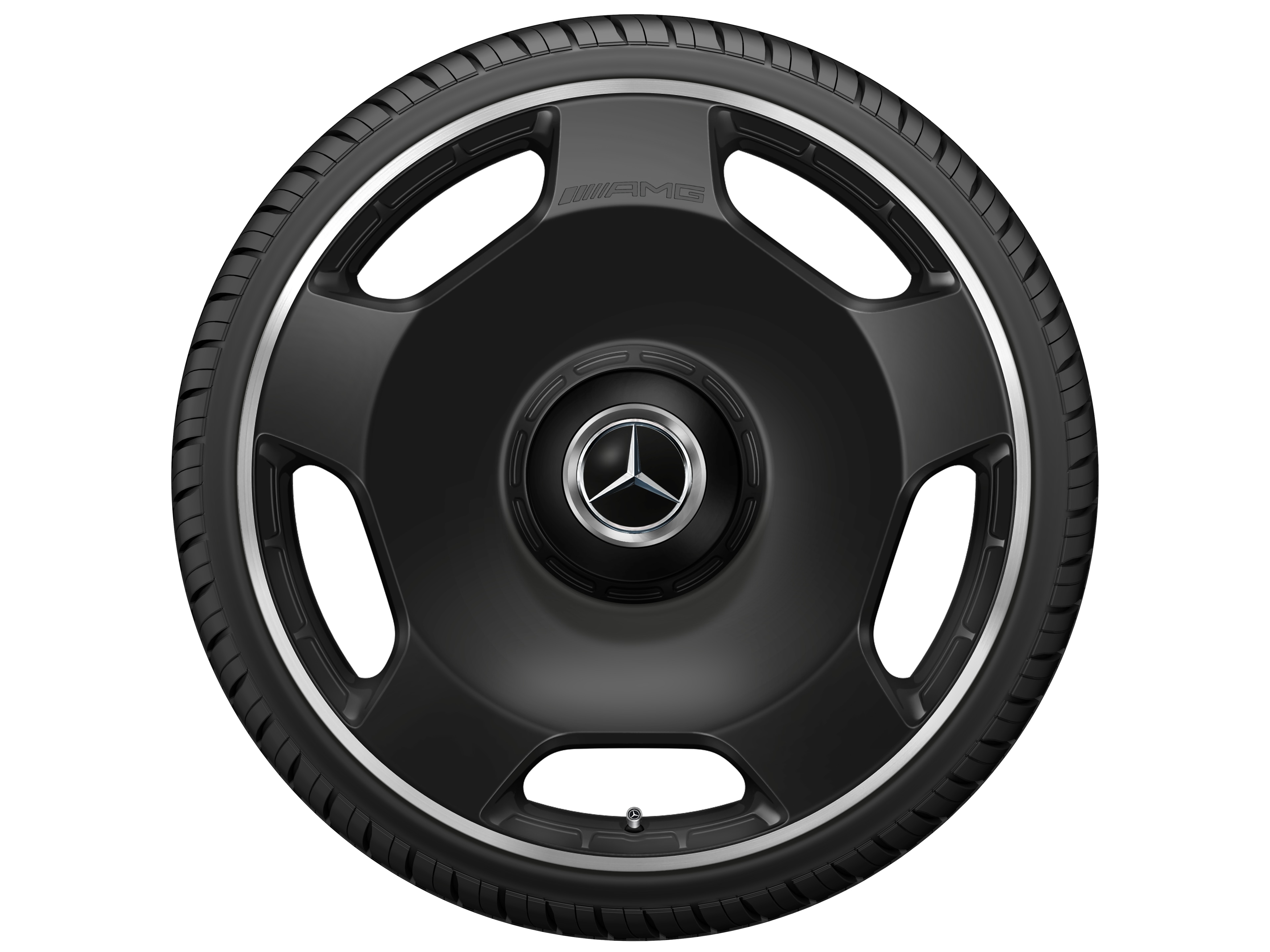 Obręcz kuta AMG 5-otworowe, 58,4 cm (23 cale), Obrzeże obręczy polerowane na połysk - 10 J x 23 ET 45, czarny mat, obrzeże obręczy polerowane na połysk
