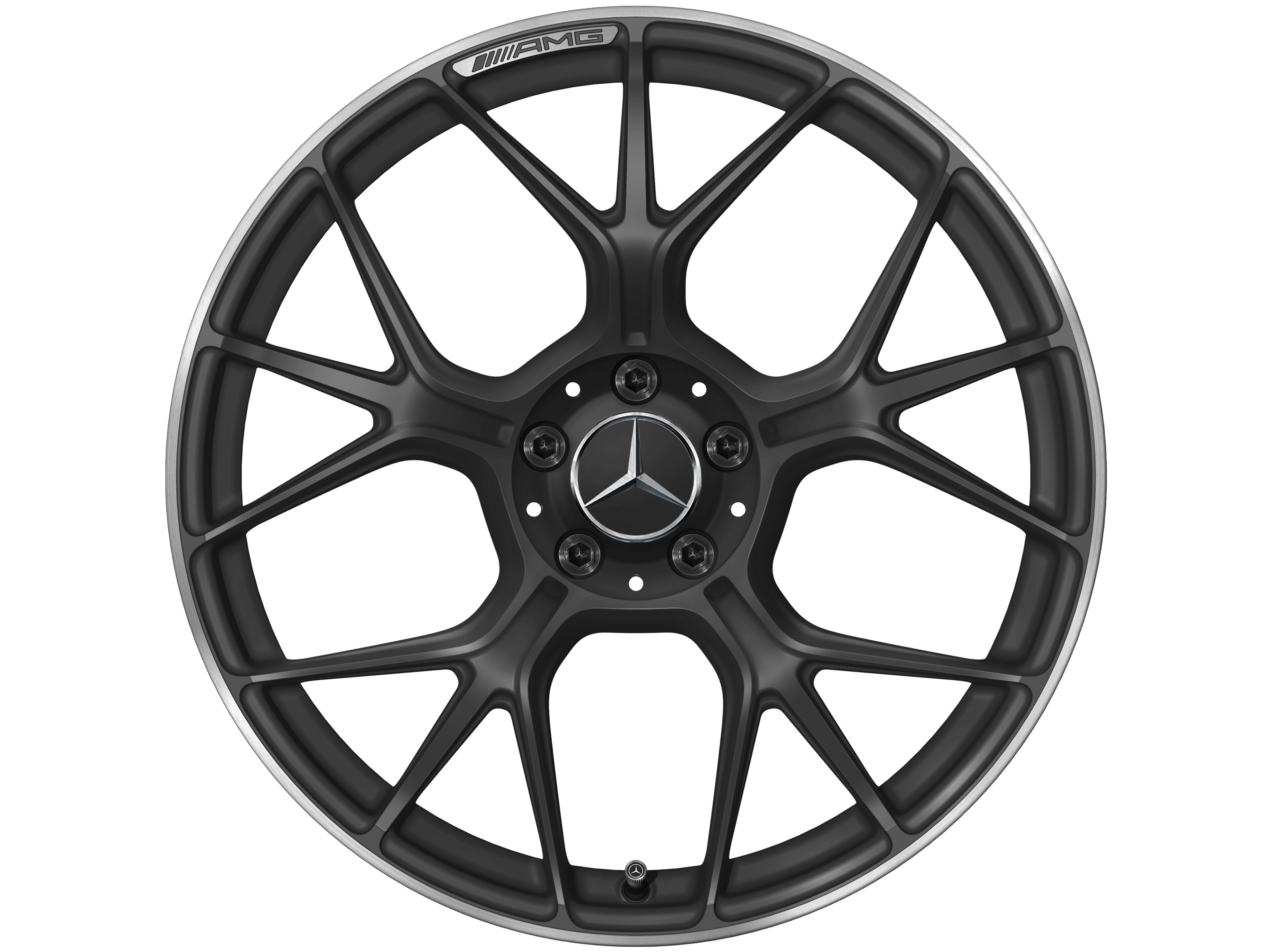 Obręcz kuta AMG z krzyżowymi ramionami, 50,8 cm (20 cali), Obrzeże obręczy polerowane na połysk - 11 J x 20 ET 24,1, czarny mat, obrzeże obręczy polerowane na połysk