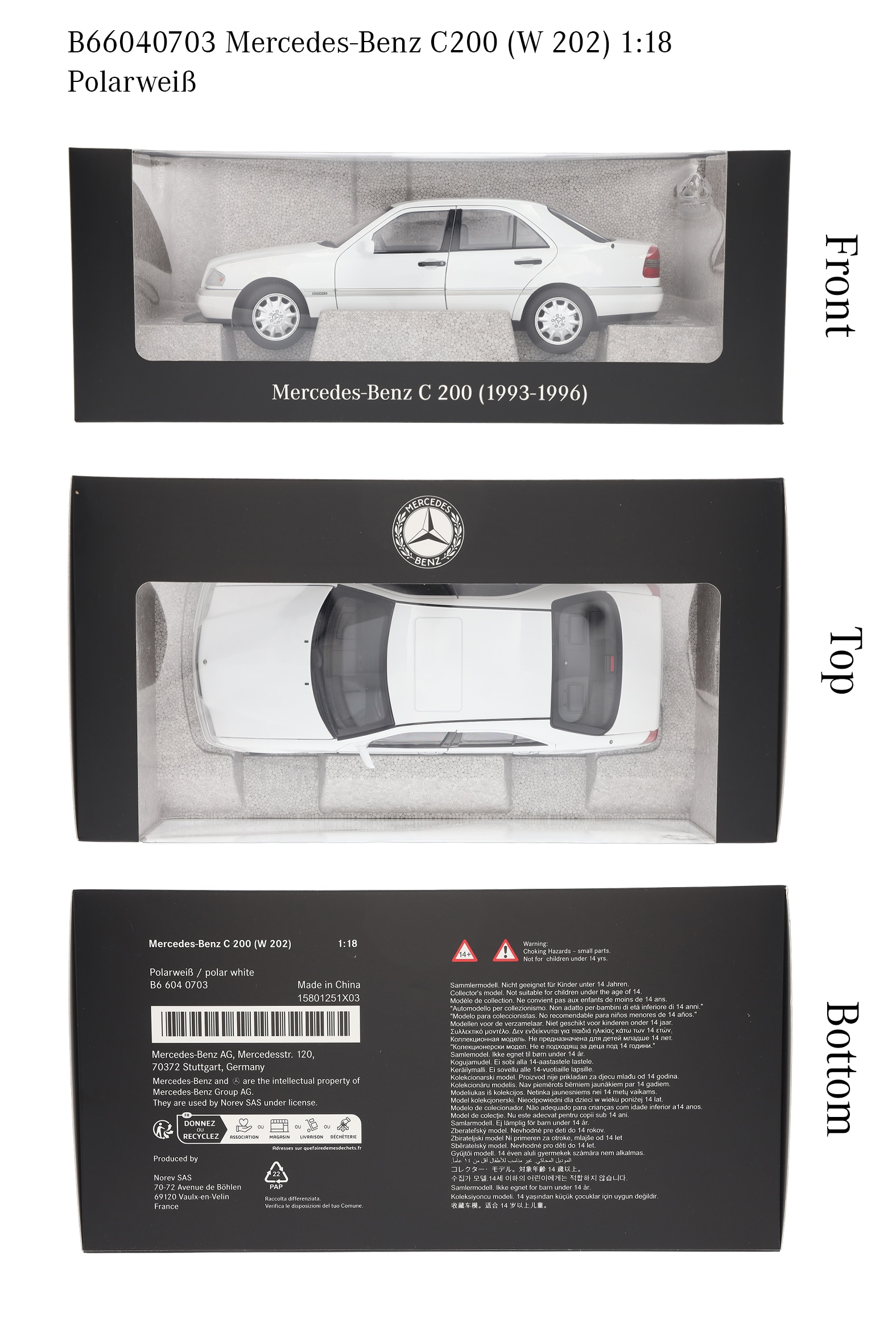 C 200 limuzyna W 202 (1993-1996) - biel polarna, Norev, 1:18