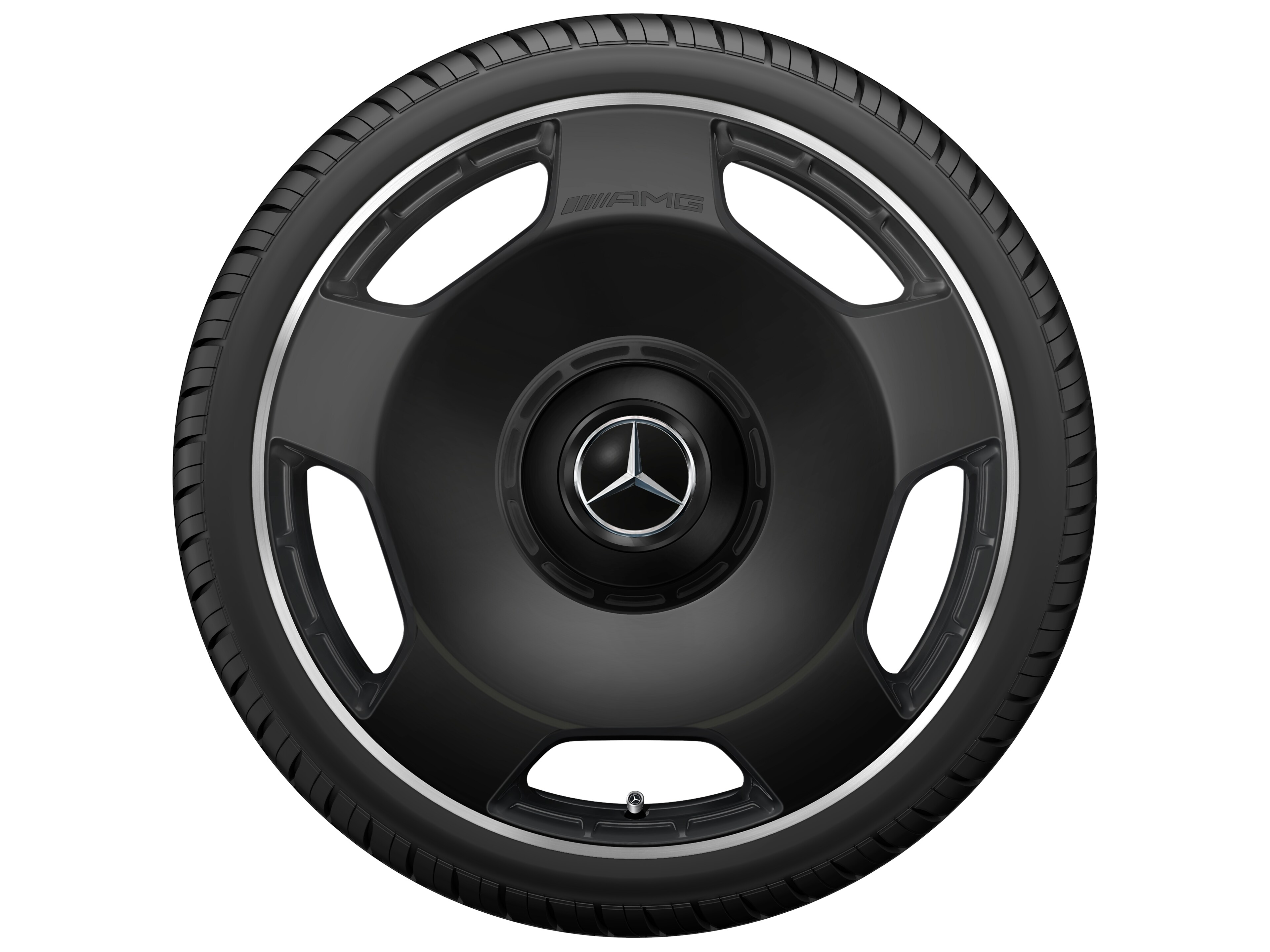 Obręcz kuta AMG 5-otworowe, 55,9 cm (22 cale), Obrzeże obręczy polerowane na połysk - 10 J x 22 ET 36, czarny mat, obrzeże obręczy polerowane na połysk