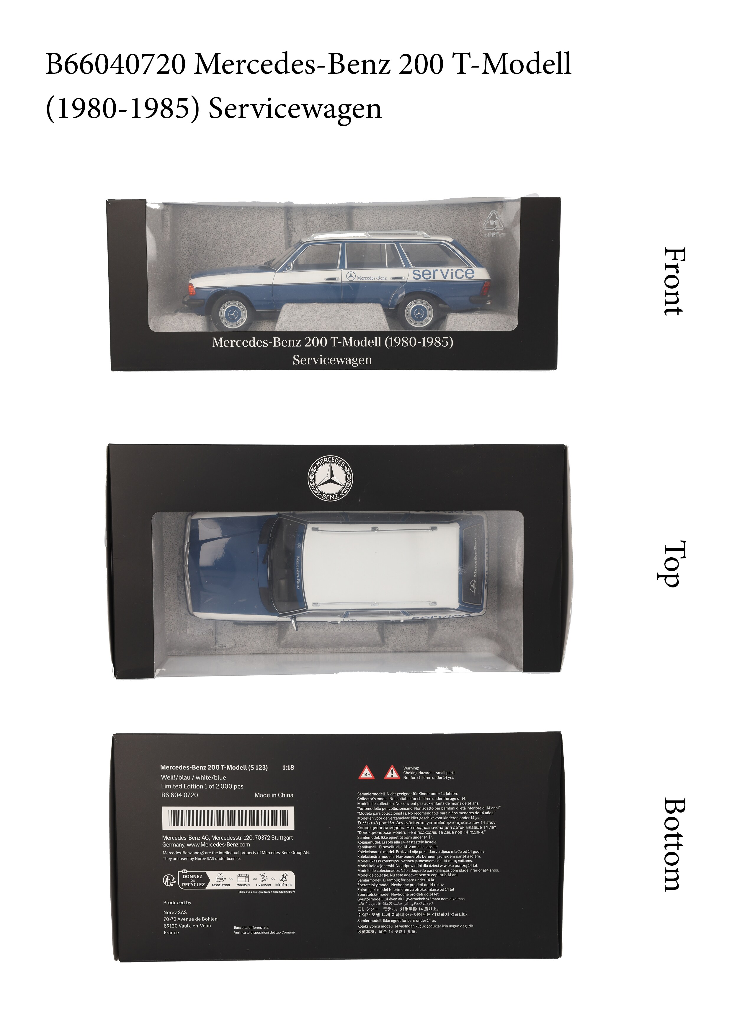 200 kombi S123 (1980-1985), Wózek serwisowy - niebieski, Norev, 1:18