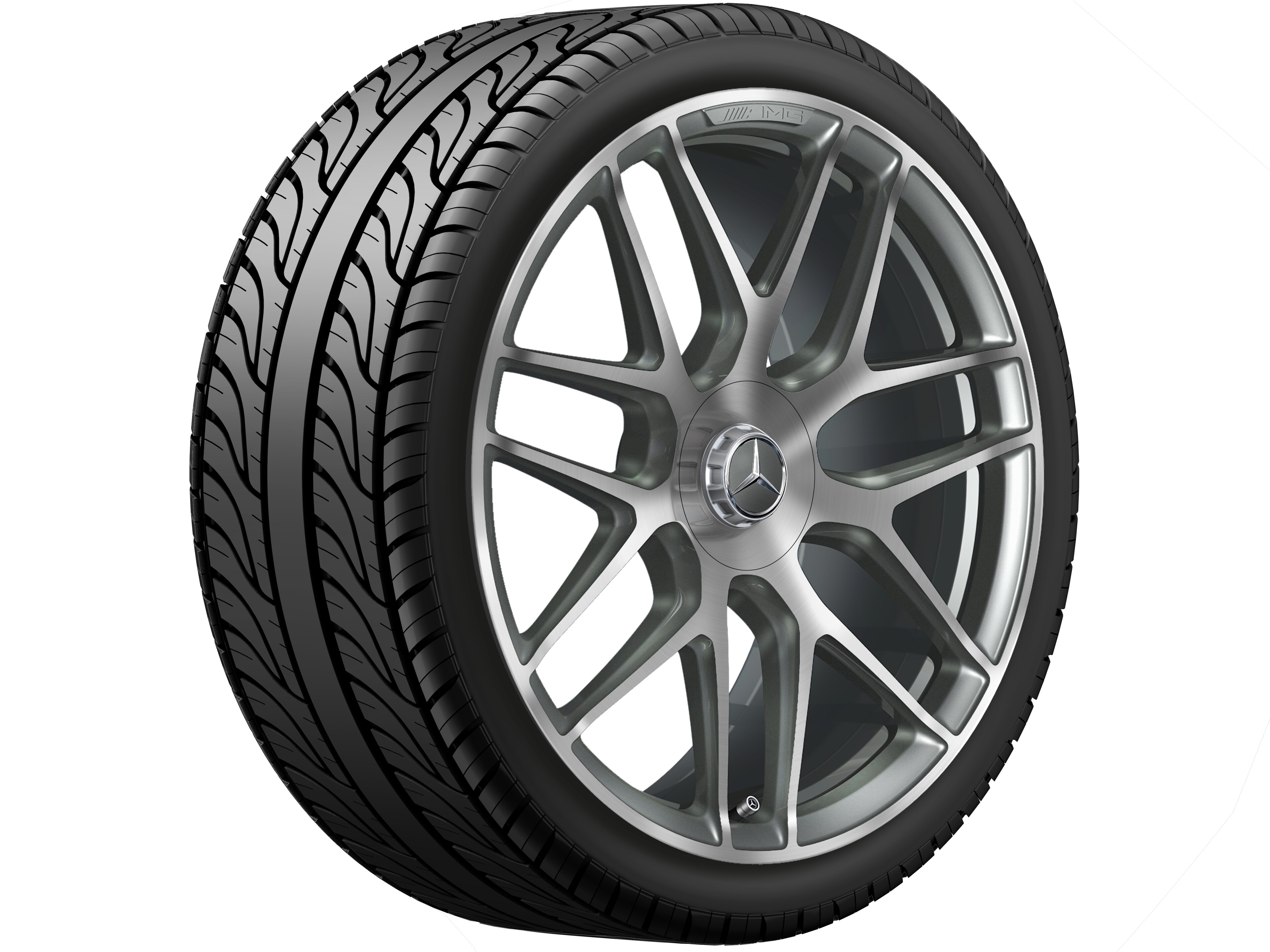 Obręcz kuta AMG z krzyżowymi ramionami, 55,9 cm (22 cale) - 11,5 J x 22 ET 53, szarość tytanu, toczone na połysk