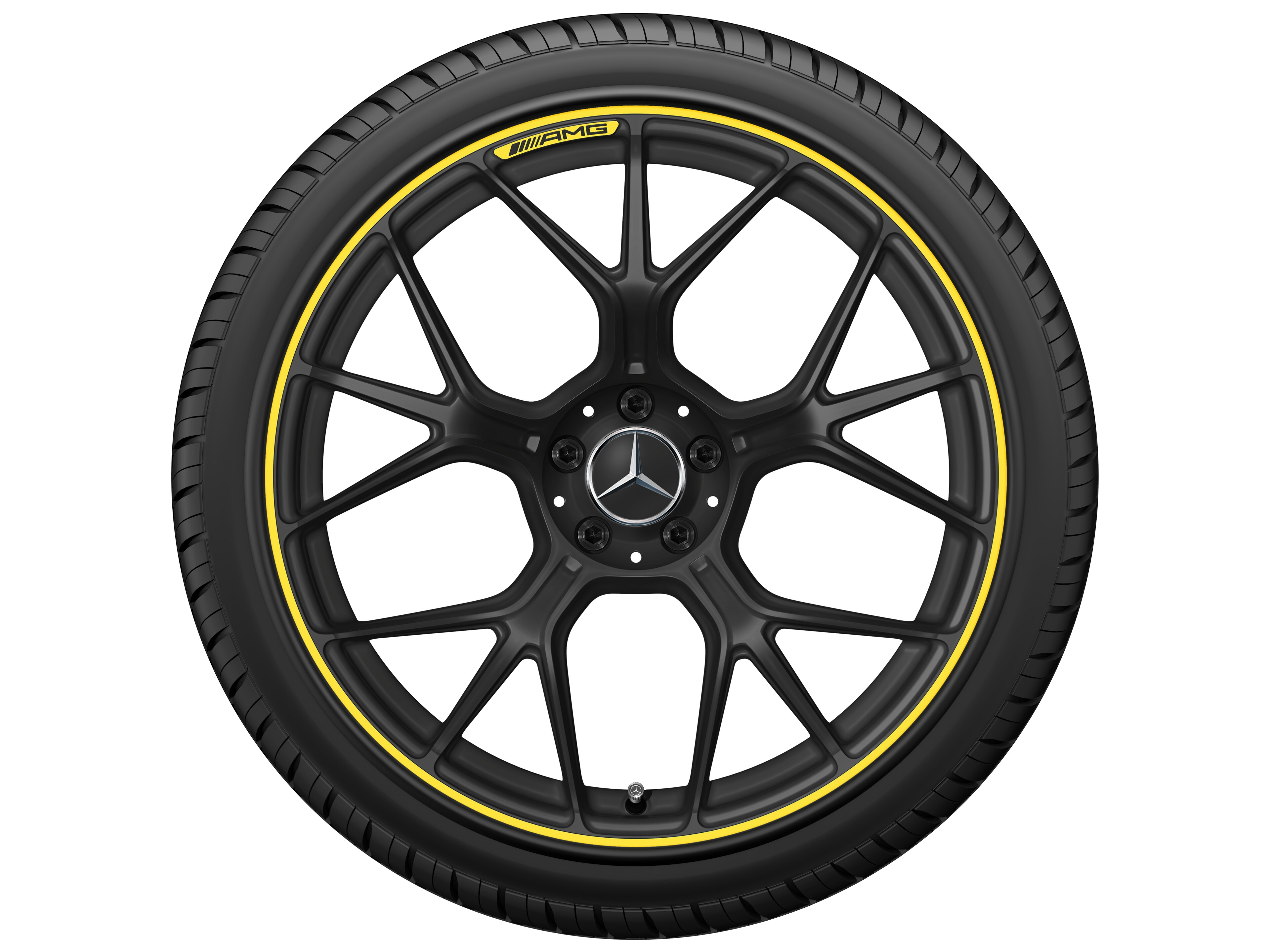 Obręcz kuta AMG z krzyżowymi ramionami, 50,8 cm (20 cali) - 11 J x 20 ET 24,1, czarny mat / żółty sygnalizacyjny, toczone na połysk