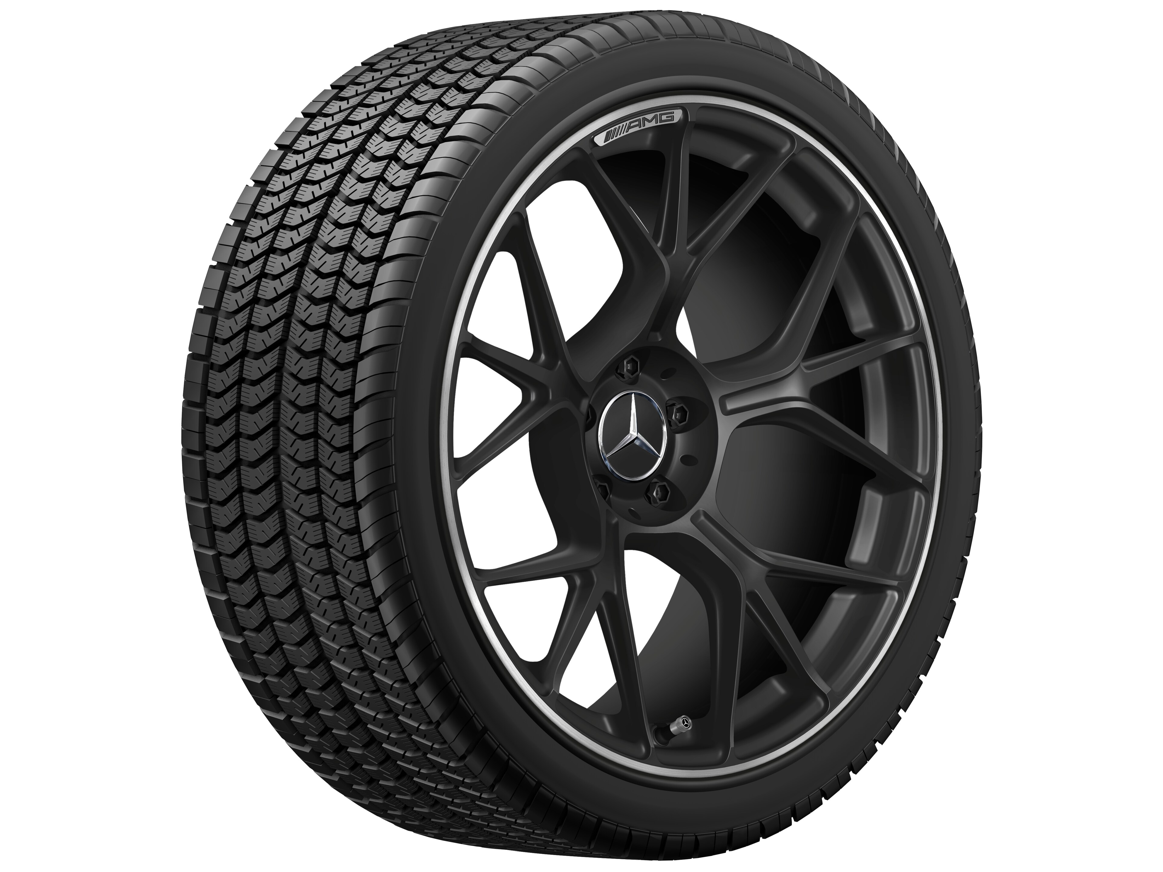 Obręcz kuta AMG z krzyżowymi ramionami, 50,8 cm (20 cali), Obrzeże obręczy polerowane na połysk - 11 J x 20 ET 24,1, czarny mat, obrzeże obręczy polerowane na połysk