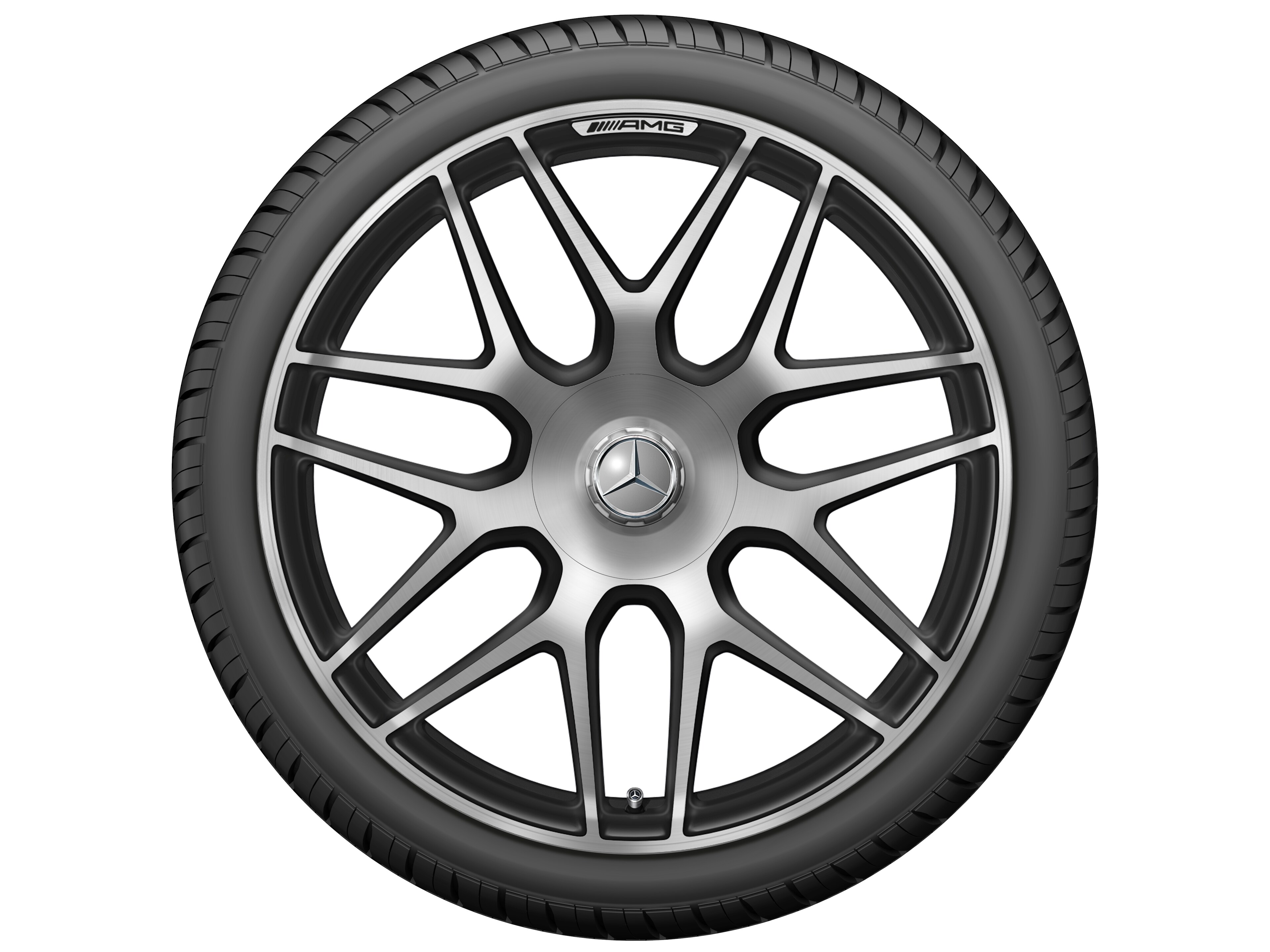 Obręcz kuta AMG z krzyżowymi ramionami, 55,9 cm (22 cale) - 10 J x 22 ET 36, czarny mat, toczone na połysk