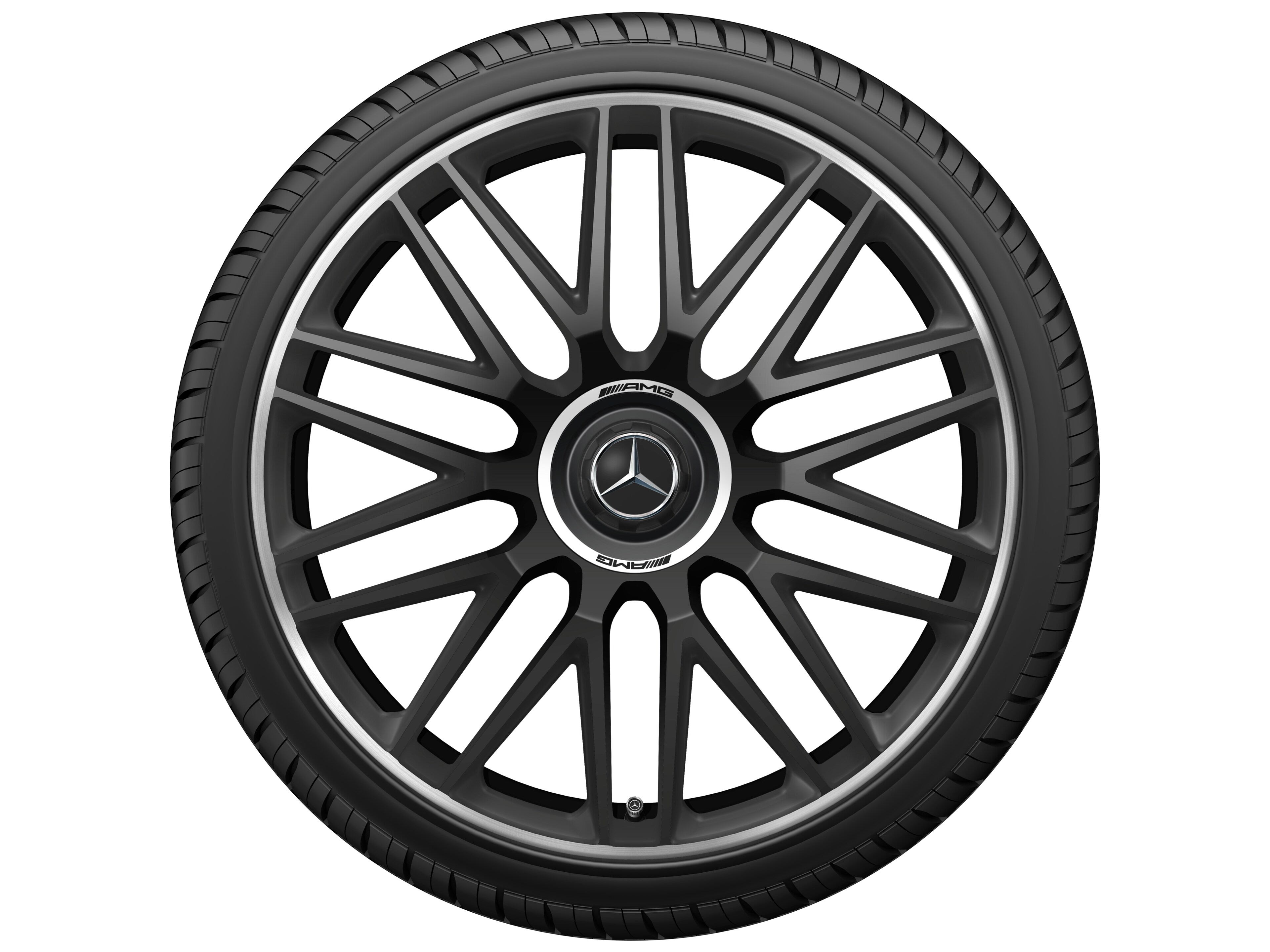 Obręcz kuta AMG z 10 podwójnymi ramionami, 53,3 cm (21 cali), Obrzeże obręczy polerowane na połysk - 10,5 J x 21 ET 42, czarny mat, obrzeże obręczy polerowane na połysk
