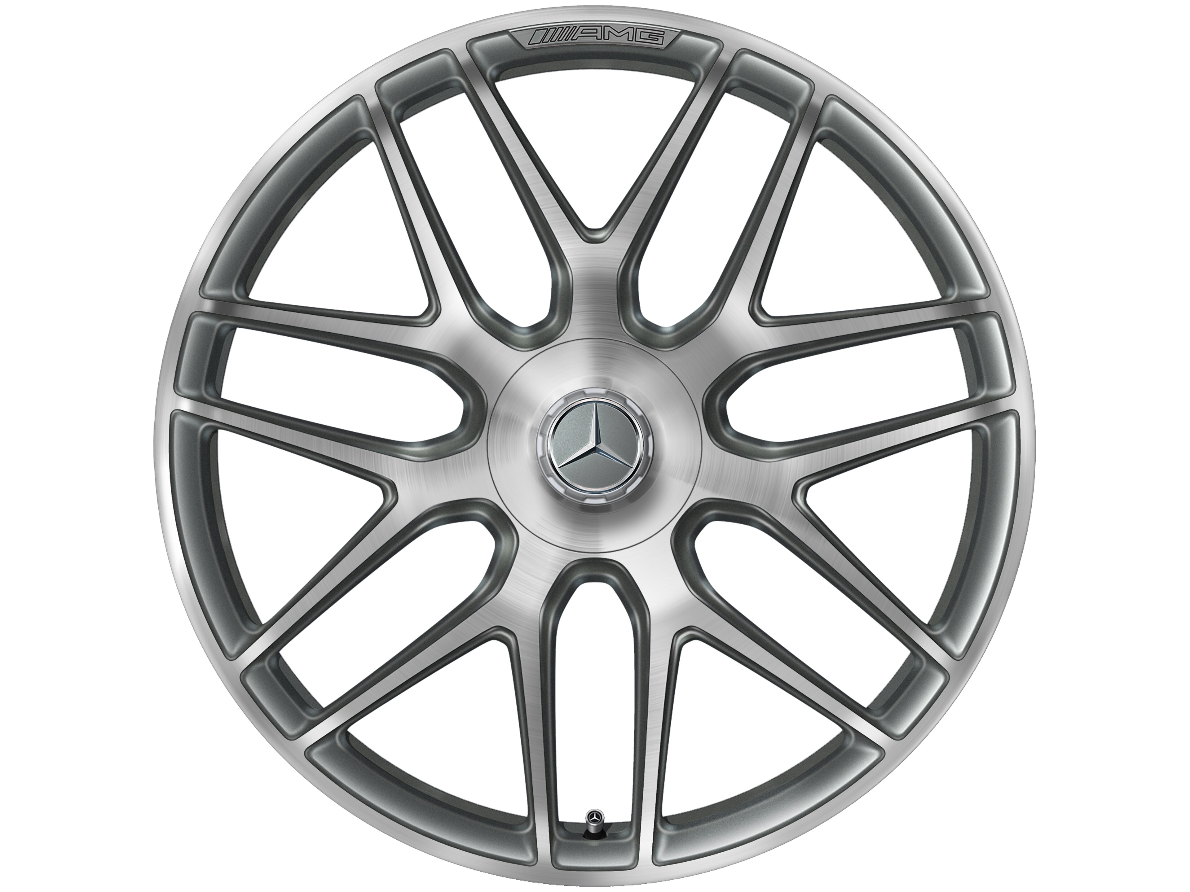 Obręcz kuta AMG z krzyżowymi ramionami, 55,9 cm (22 cale) - 11,5 J x 22 ET 53, szarość tytanu, toczone na połysk