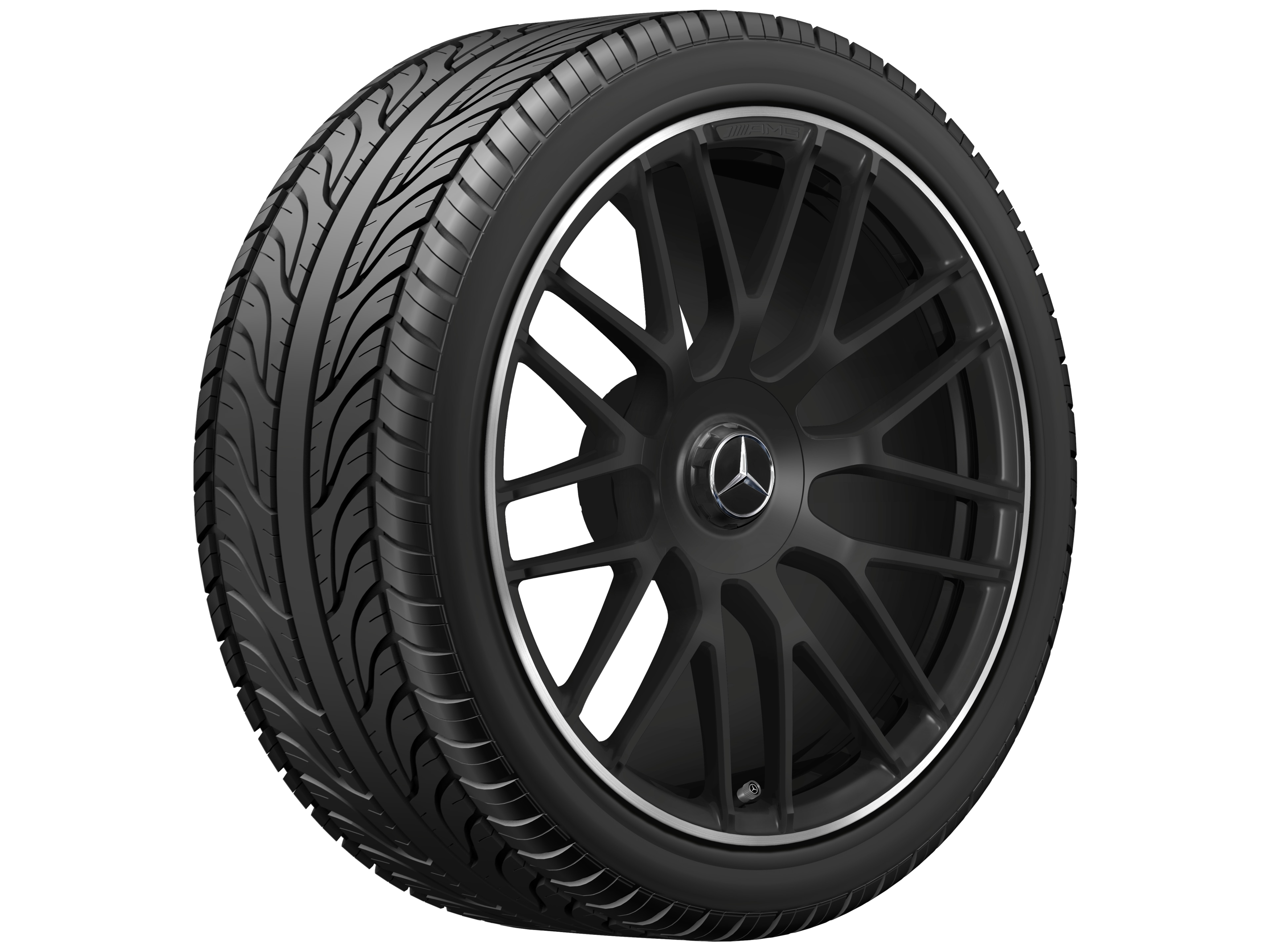 Obręcz kuta AMG z krzyżowymi ramionami, 48,3 cm (19 cali), Obrzeże obręczy polerowane na połysk - 8,5 J x 19 ET 38, czarny mat, obrzeże obręczy polerowane na połysk