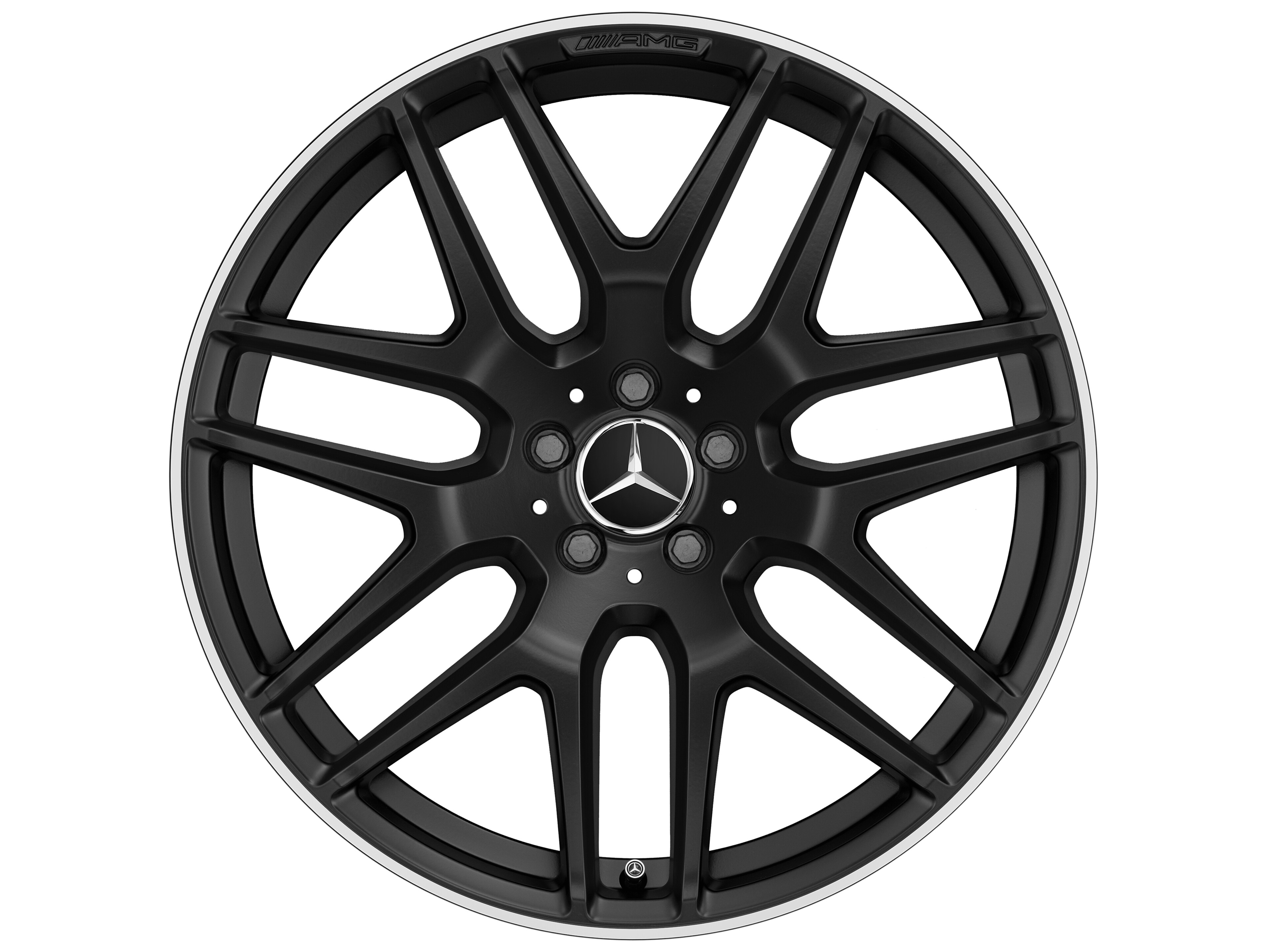 Obręcz AMG z lekkiego stopu, z krzyżowymi ramionami, 53,3 cm (21 cali), Obrzeże obręczy polerowane na połysk - 10 J x 21 ET 46, czarny mat, obrzeże obręczy polerowane na połysk