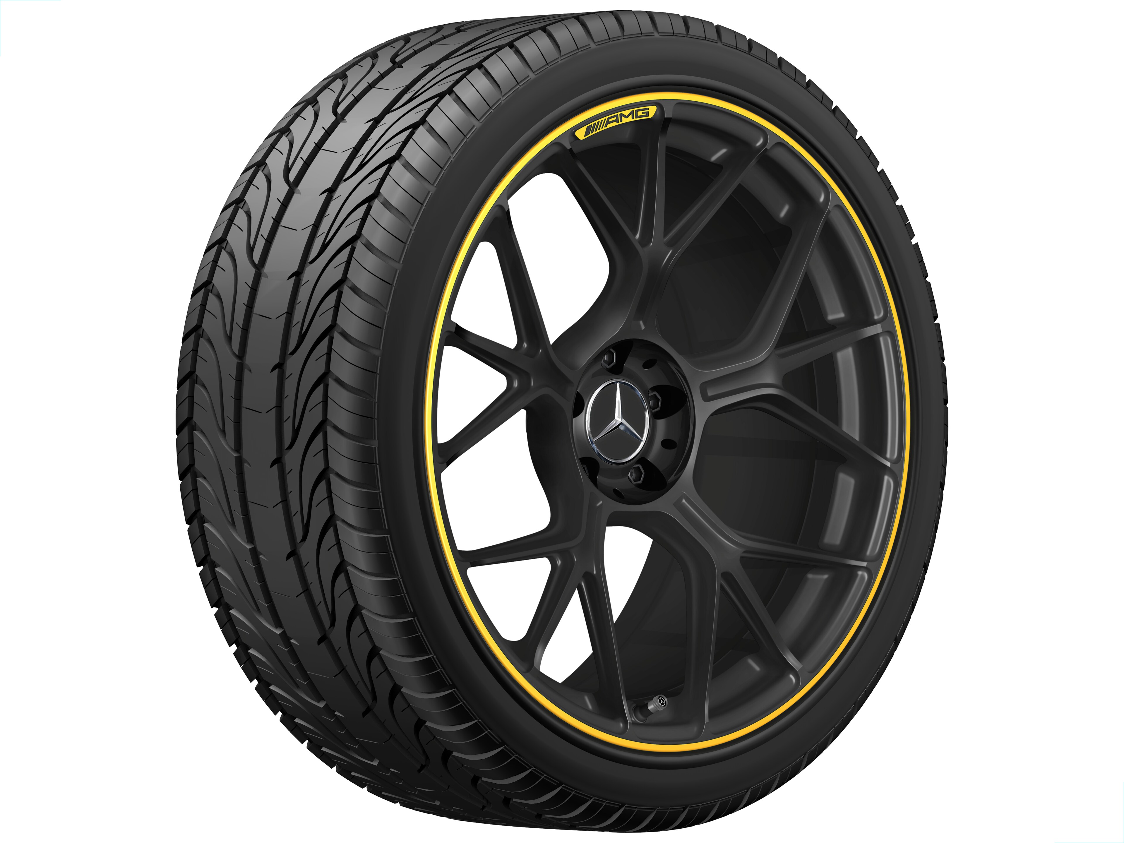 Obręcz kuta AMG z krzyżowymi ramionami, 50,8 cm (20 cali) - 11 J x 20 ET 24,1, czarny mat / żółty sygnalizacyjny, toczone na połysk