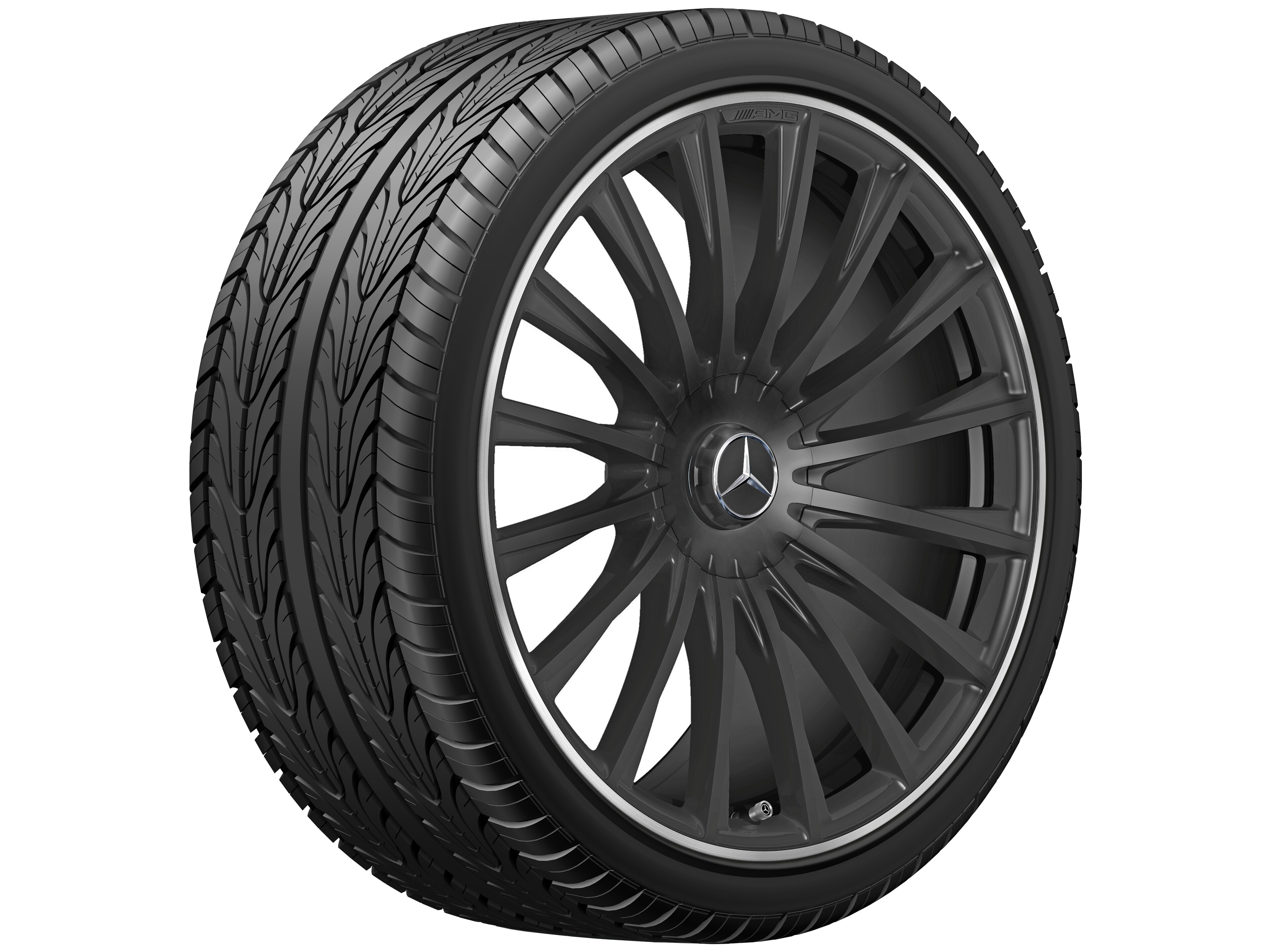 Obręcz kuta AMG wieloramienna, 53,3 cm (21 cali), Obrzeże obręczy polerowane na połysk - 10,5 J x 21 ET 50, czarny mat, obrzeże obręczy polerowane na połysk