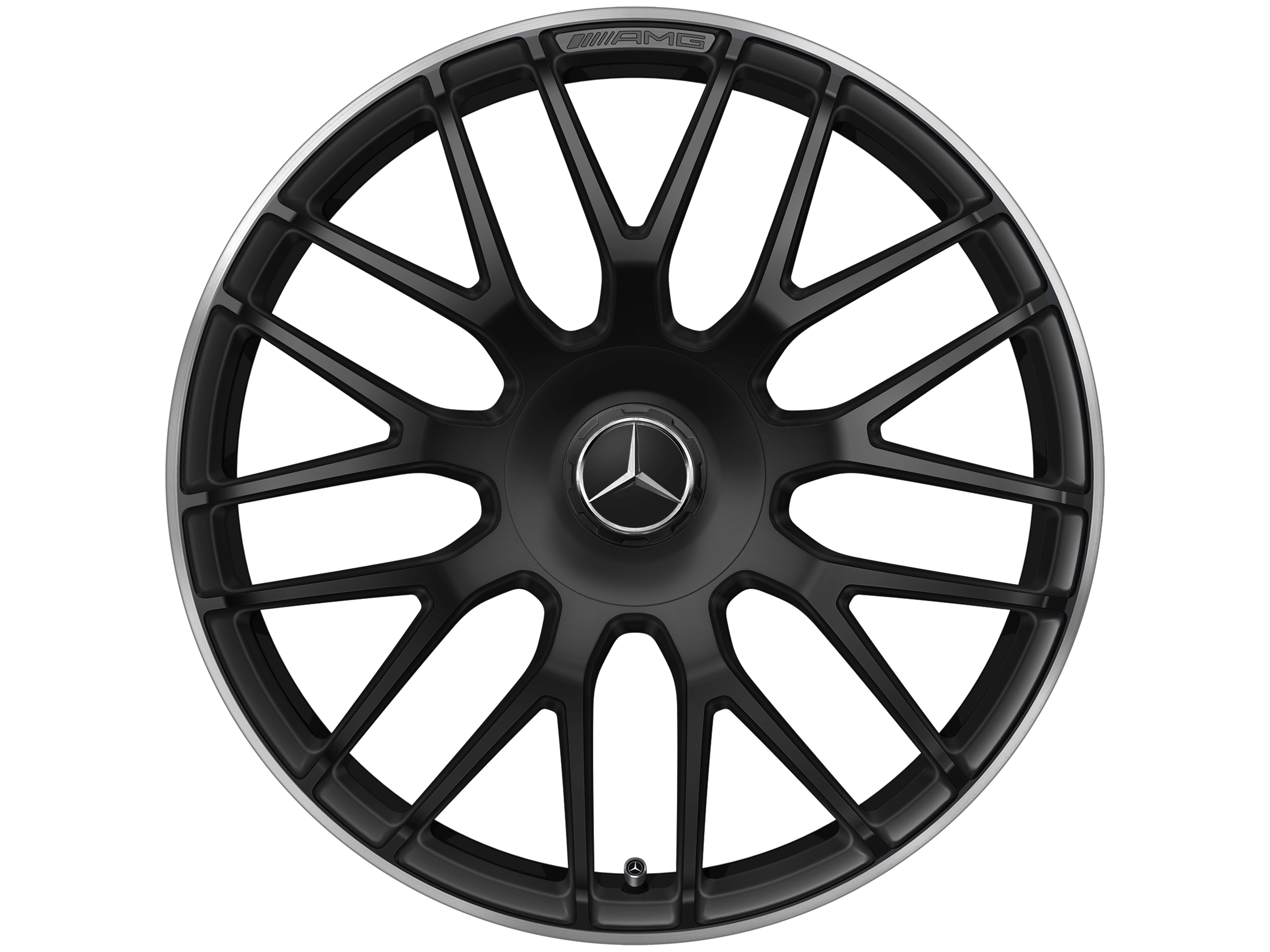 Obręcz kuta AMG z krzyżowymi ramionami, 48,3 cm (19 cali), Obrzeże obręczy polerowane na połysk - 8,5 J x 19 ET 38, czarny mat, obrzeże obręczy polerowane na połysk