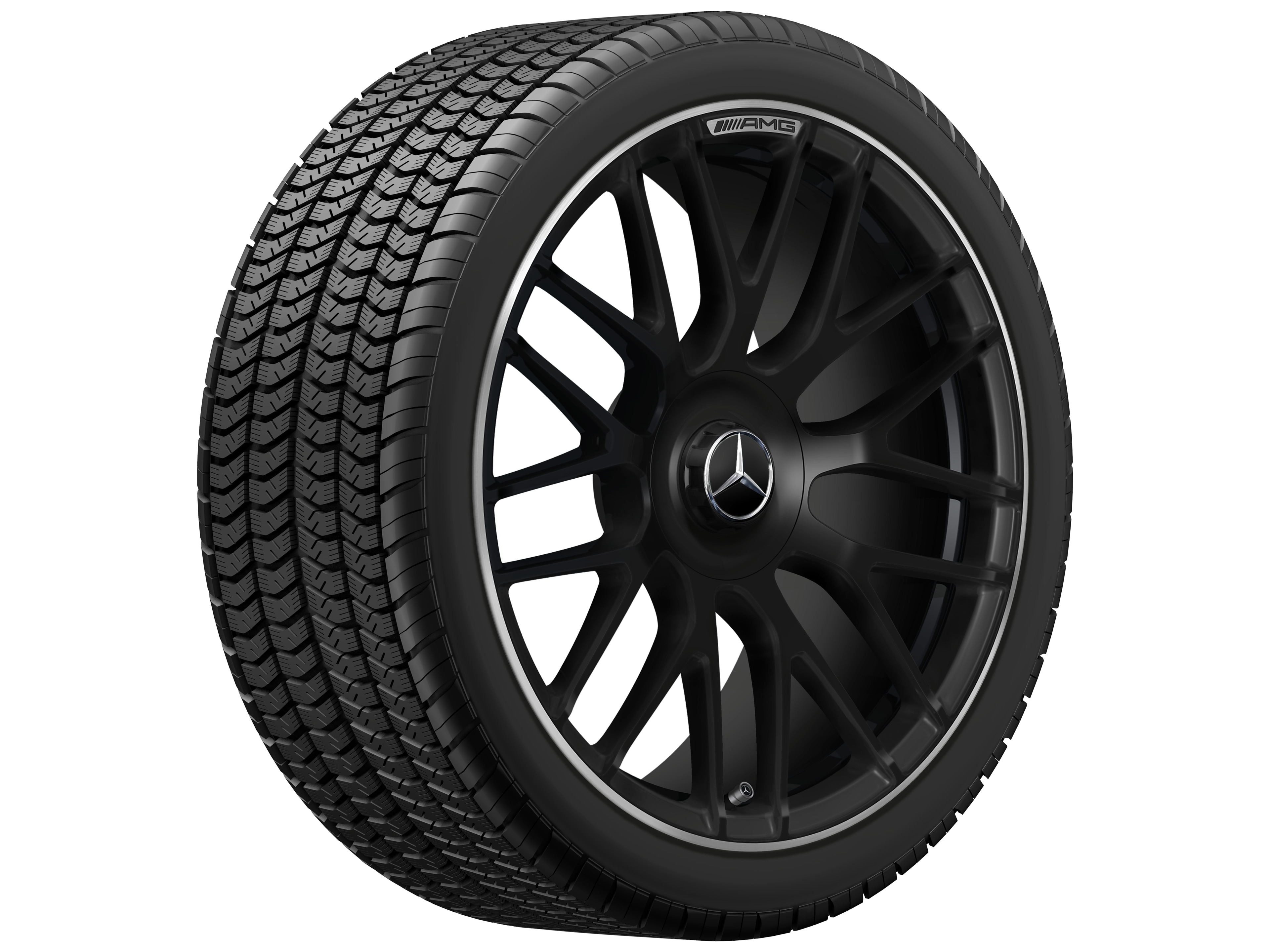 Obręcz kuta AMG z krzyżowymi ramionami, 48,3 cm (19 cali), Obrzeże obręczy polerowane na połysk - 8,5 J x 19 ET 38, czarny mat, obrzeże obręczy polerowane na połysk