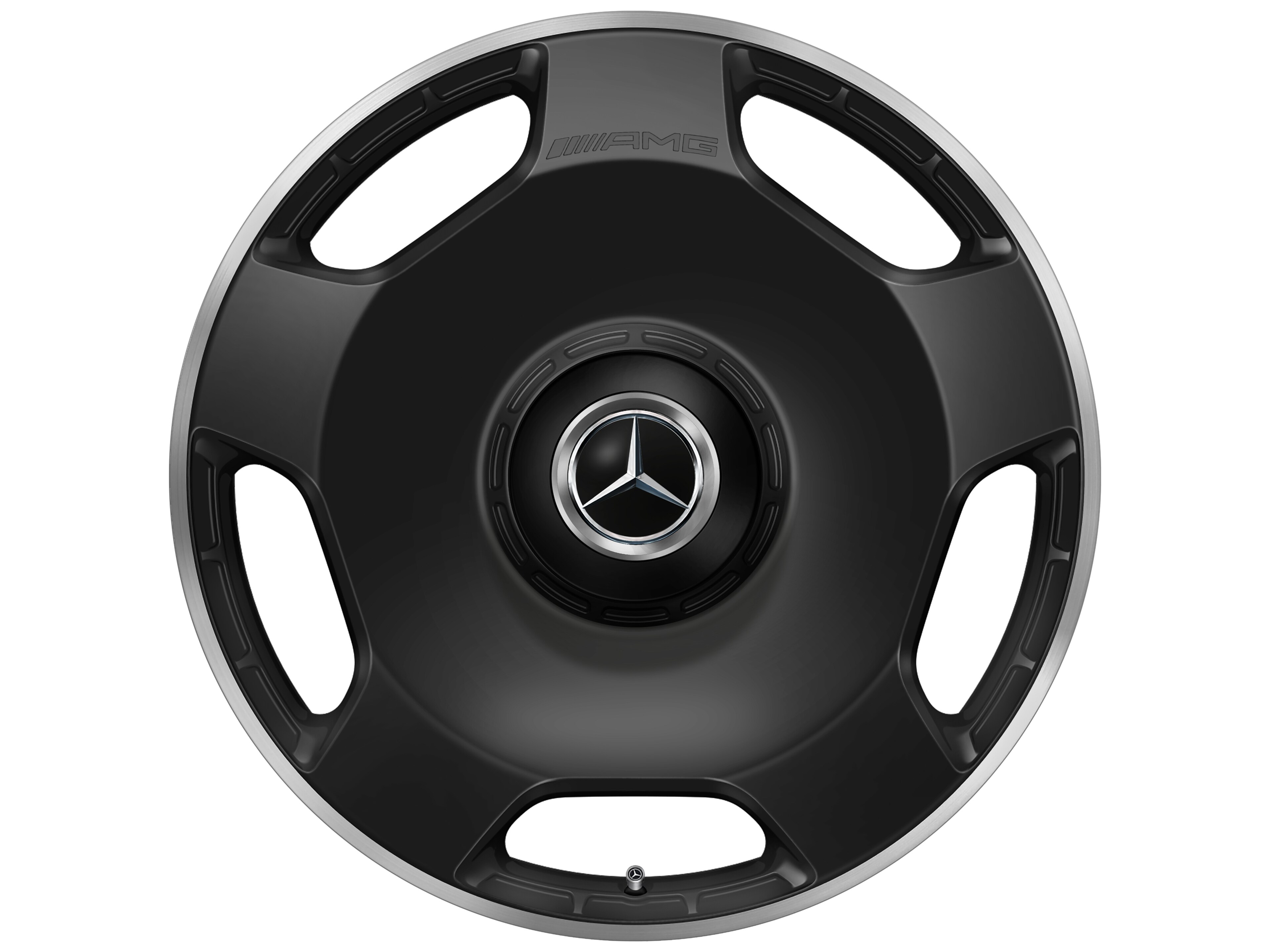 Obręcz kuta AMG 5-otworowe, 58,4 cm (23 cale), Obrzeże obręczy polerowane na połysk - 10 J x 23 ET 45, czarny mat, obrzeże obręczy polerowane na połysk
