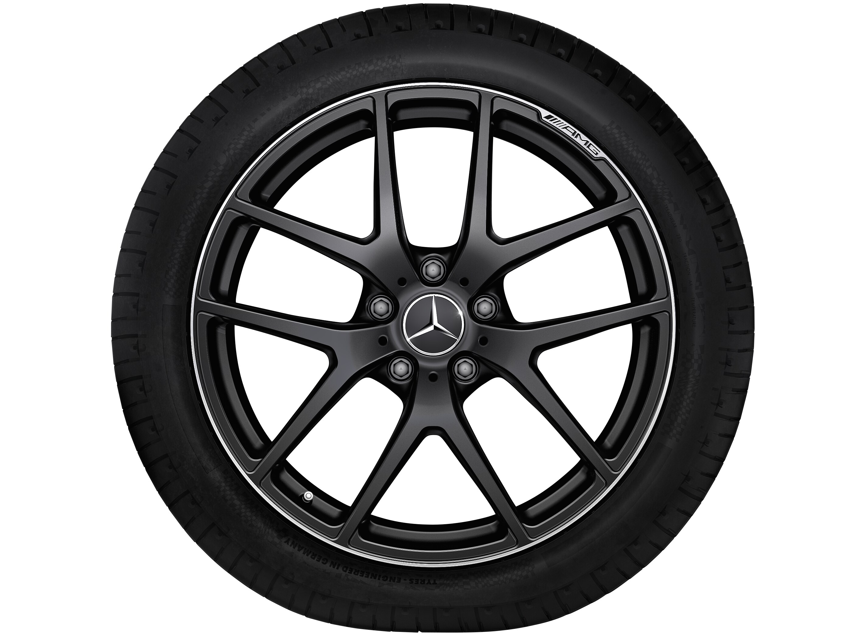 Obręcz kuta AMG z 5 podwójnymi ramionami, 53,3 cm (21 cali), Obrzeże obręczy polerowane na połysk - 10 J x 21 ET 45, czarny mat, obrzeże obręczy polerowane na połysk