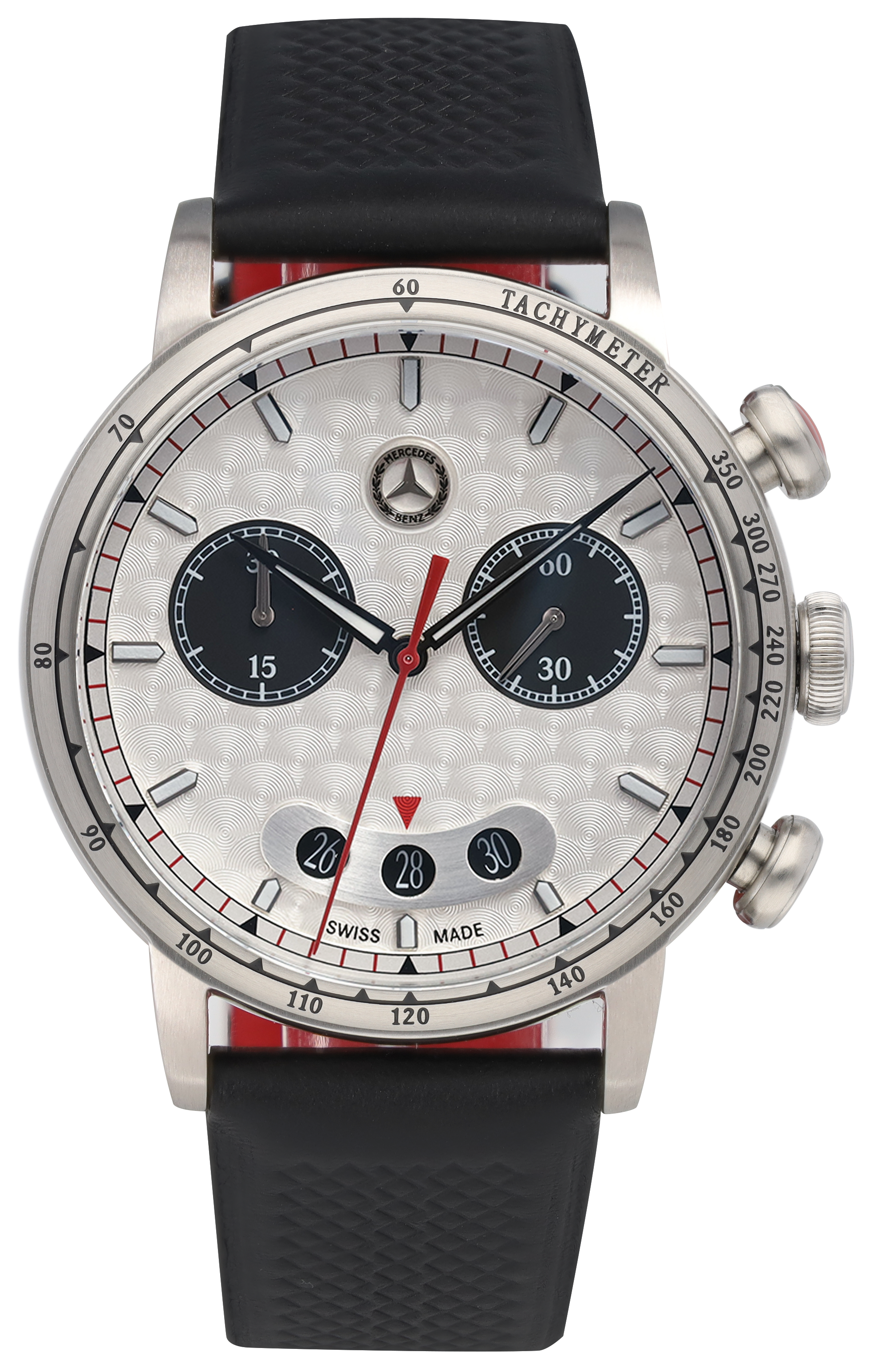 Męski chronograf, CLASSIC, Srebrna Strzała - srebrny / czerń / czerwony, stal nierdzewna / skóra cielęca