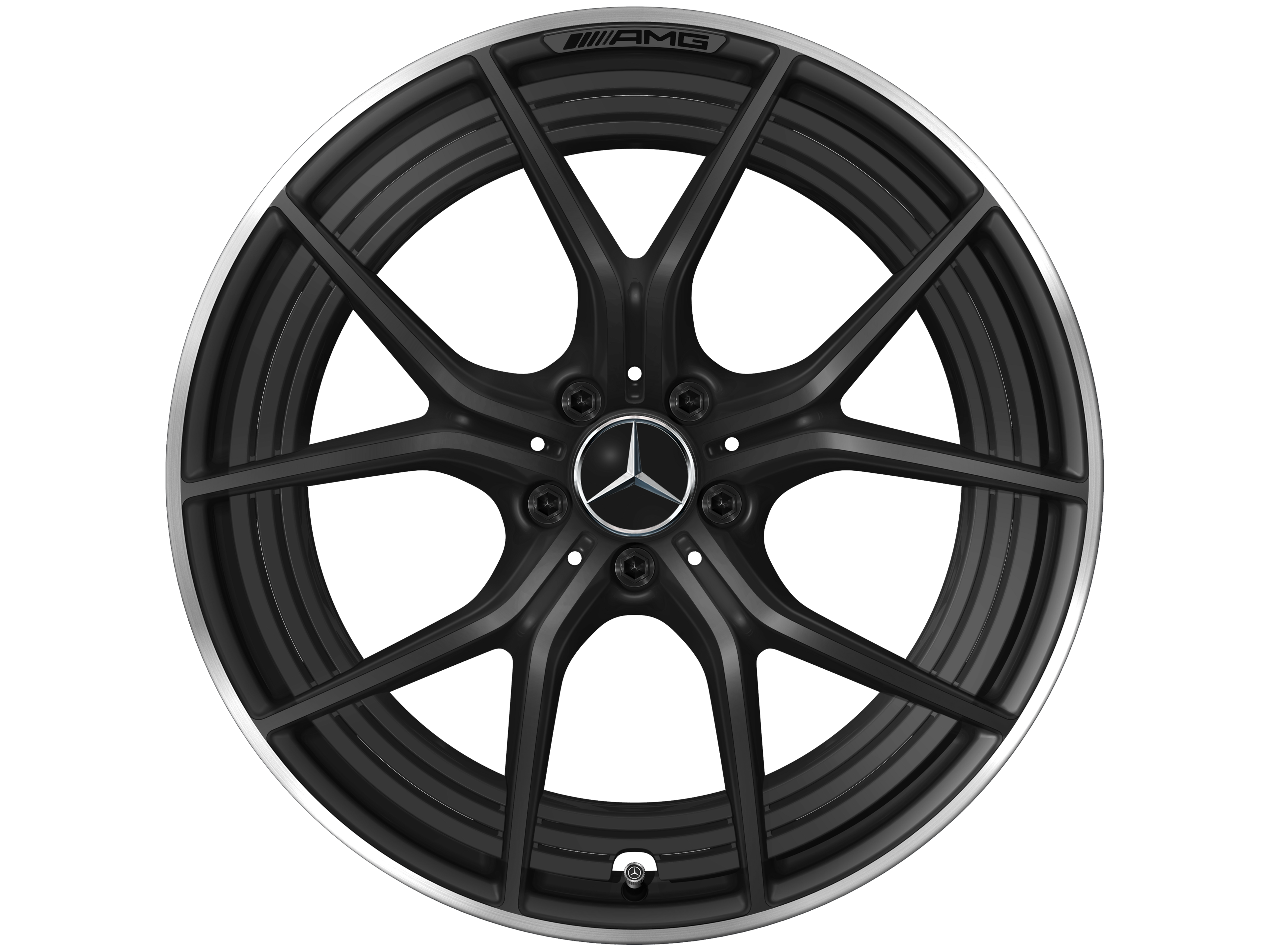 Obręcz kuta AMG z krzyżowymi ramionami, 53,3 cm (21 cali), Obrzeże obręczy polerowane na połysk - 11 J x 21 ET 33, czarny mat, obrzeże obręczy polerowane na połysk