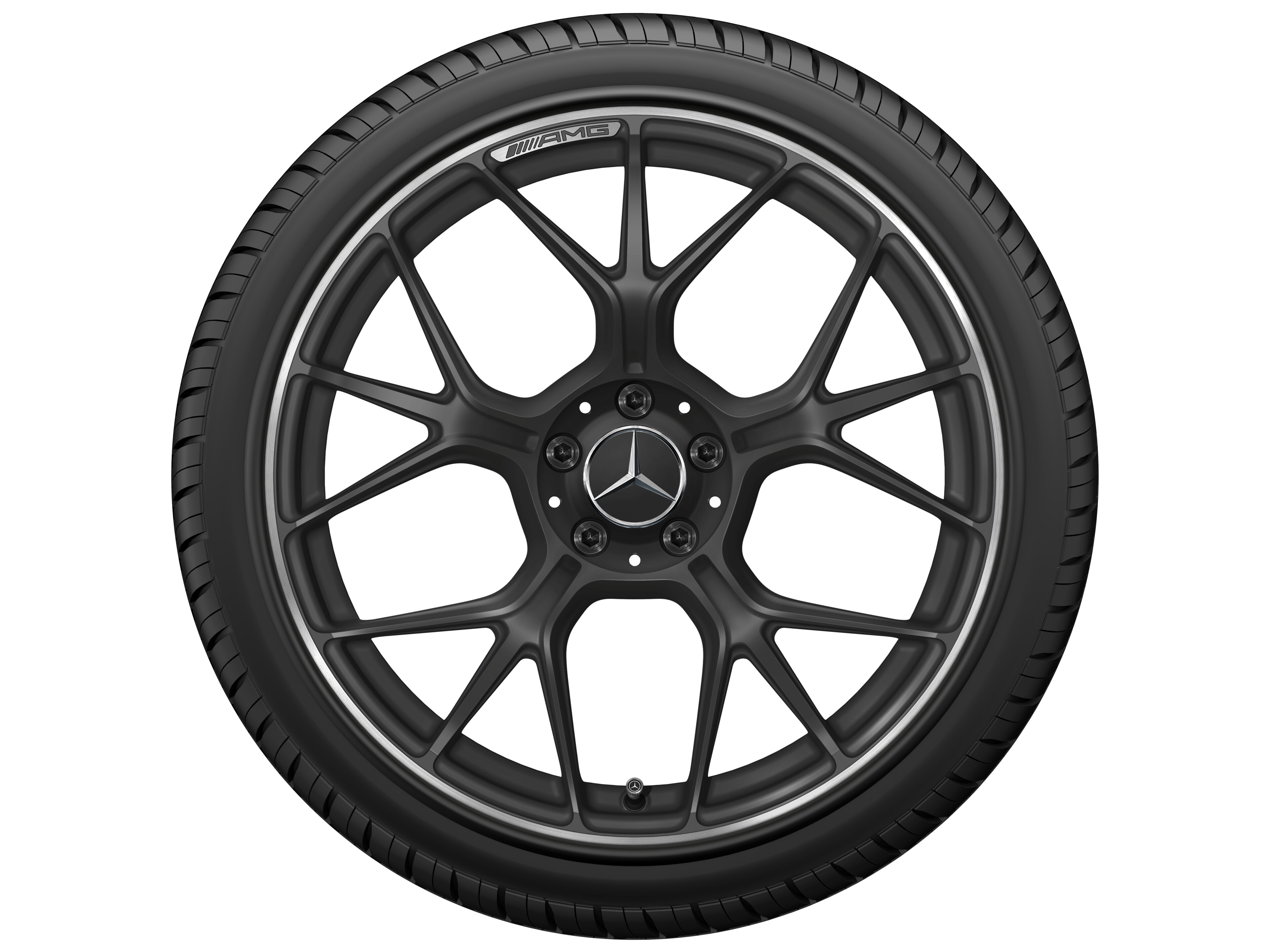 Obręcz kuta AMG z krzyżowymi ramionami, 50,8 cm (20 cali), Obrzeże obręczy polerowane na połysk - 11 J x 20 ET 24,1, czarny mat, obrzeże obręczy polerowane na połysk