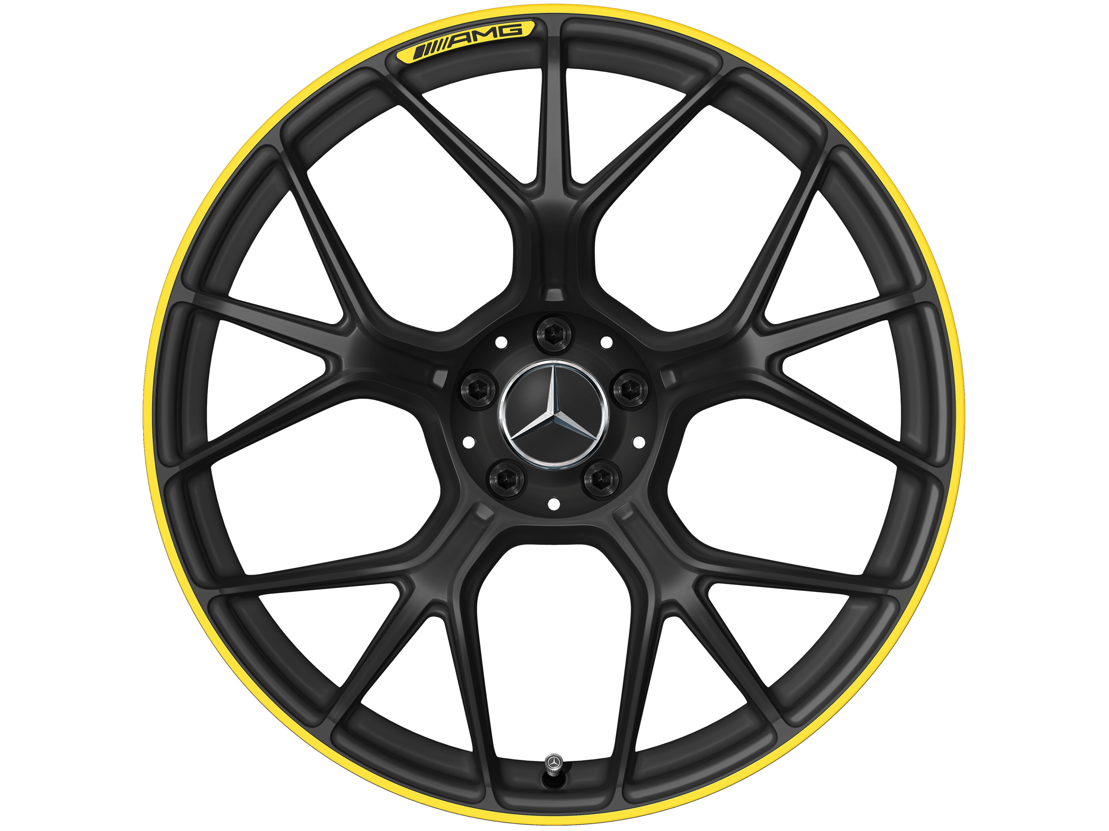 Obręcz kuta AMG z krzyżowymi ramionami, 50,8 cm (20 cali) - 11 J x 20 ET 24,1, czarny mat / żółty sygnalizacyjny, toczone na połysk