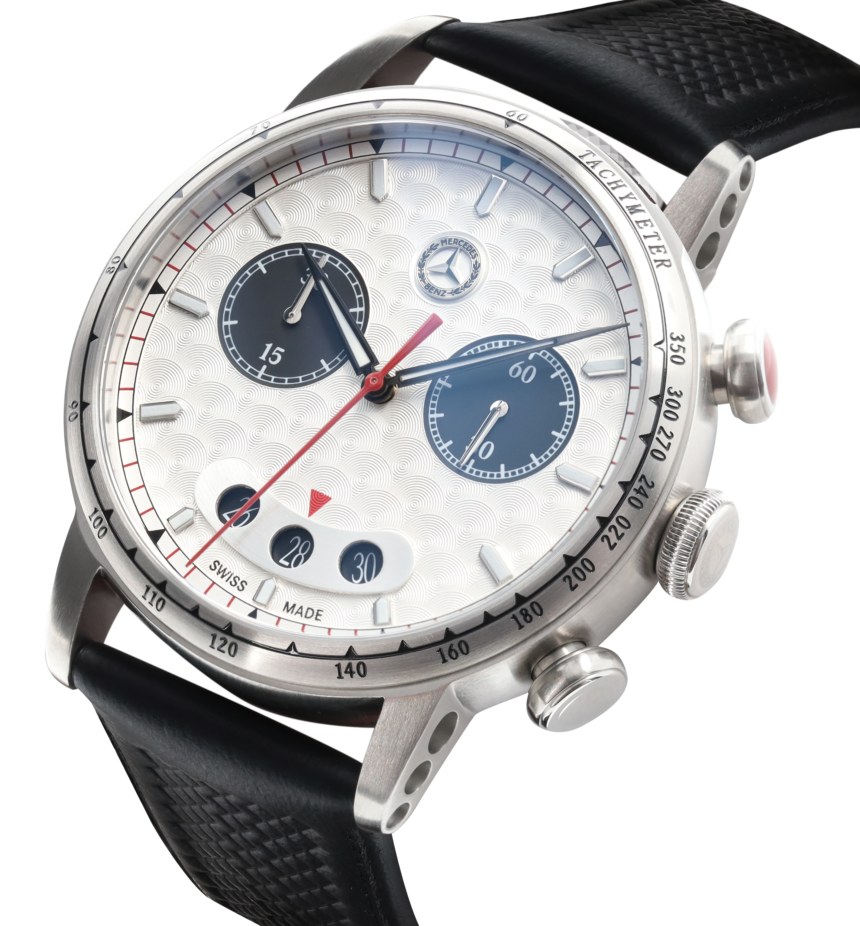Męski chronograf, CLASSIC, Srebrna Strzała - srebrny / czerń / czerwony, stal nierdzewna / skóra cielęca