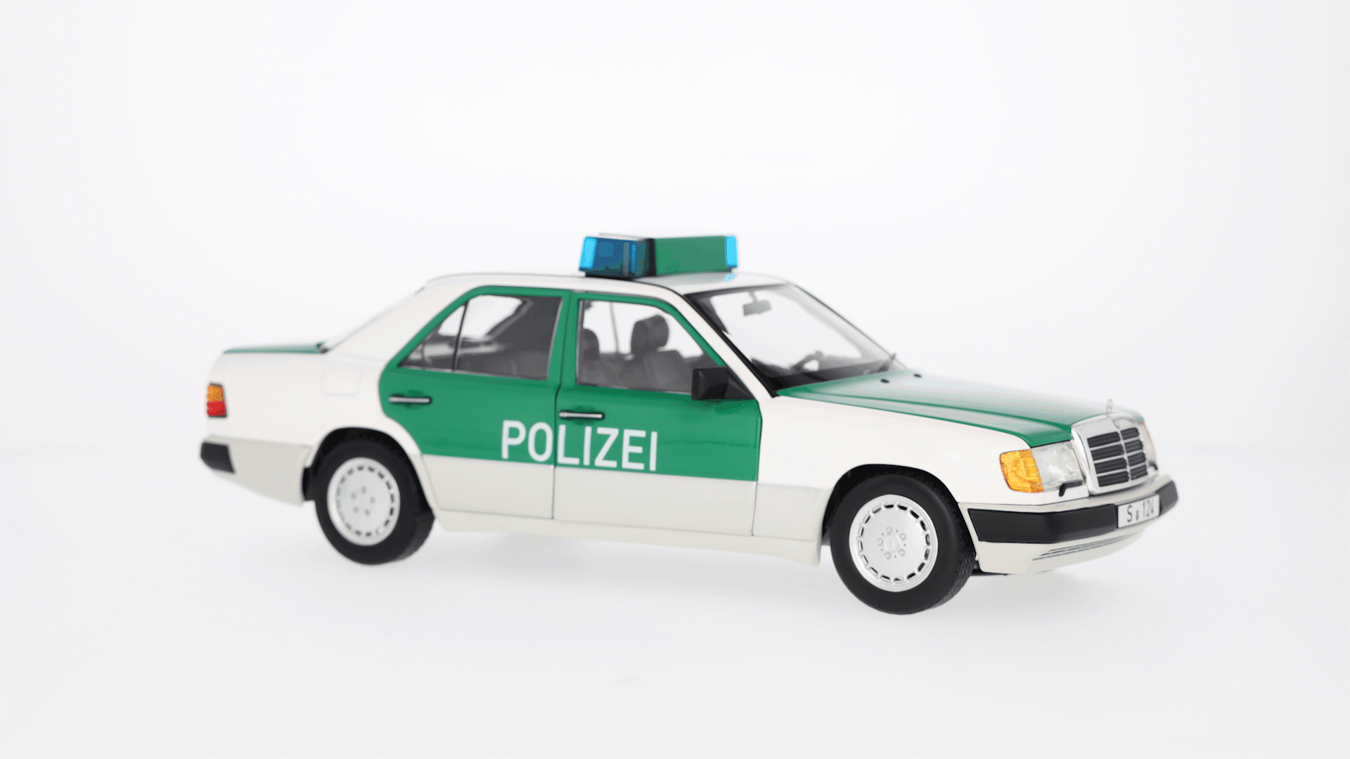230 E W 124 (1989-1993), Limuzyna, Policja - biały / zielony, Norev, 1:18