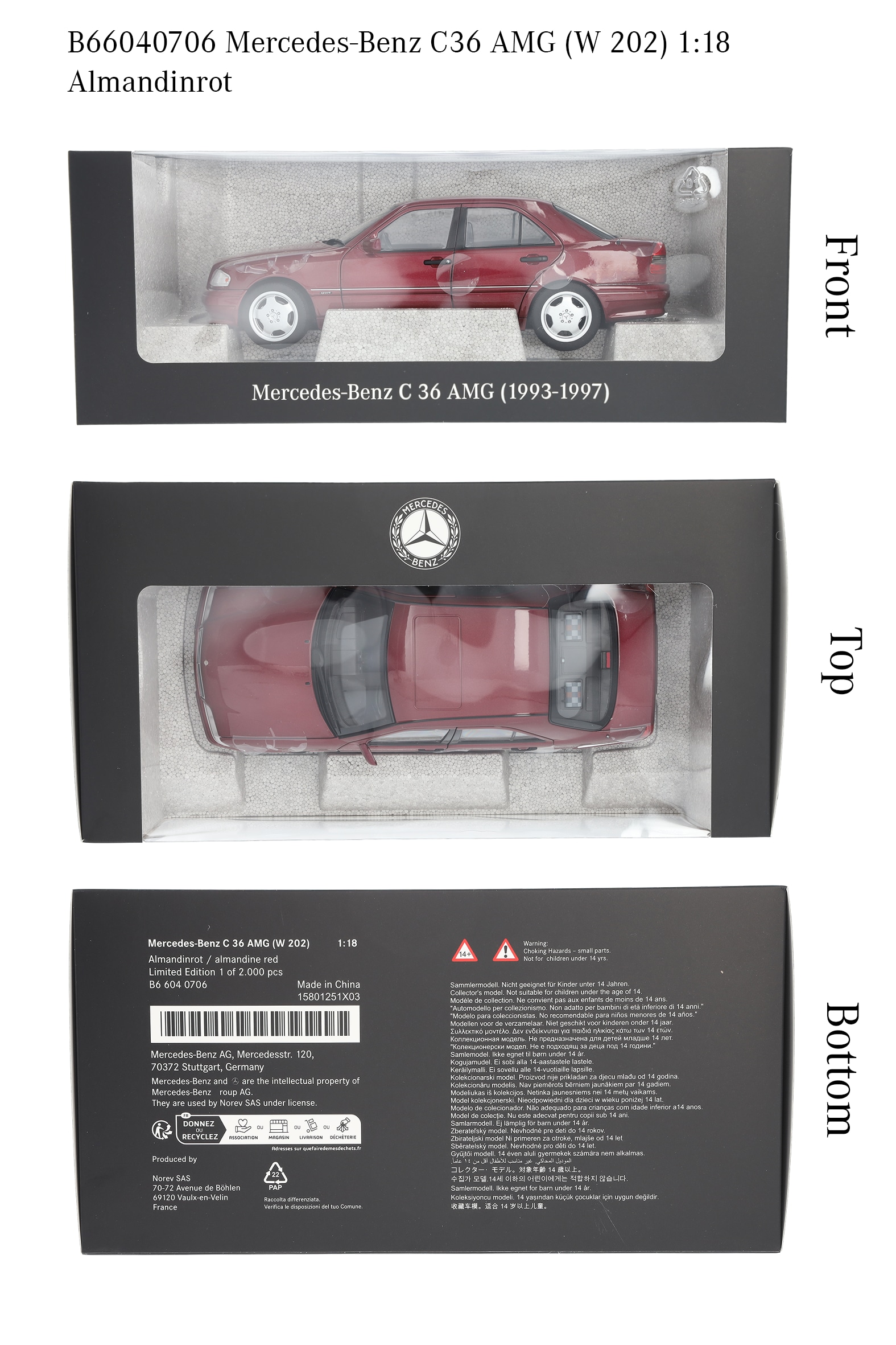 C 36 AMG Limuzyna W 202 (1993–1997) - czerwień almandyny, Norev, 1:18