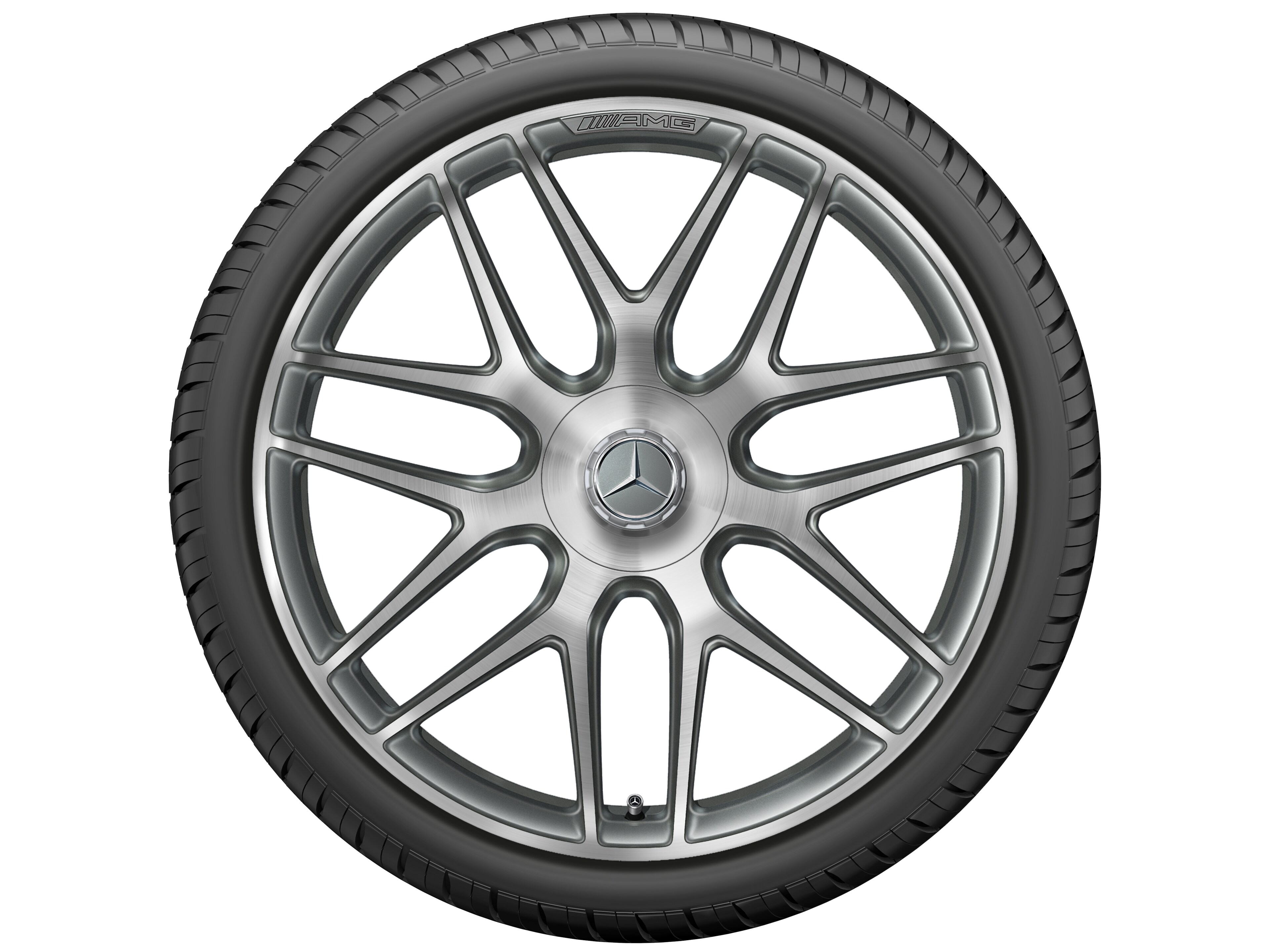 Obręcz kuta AMG z krzyżowymi ramionami, 55,9 cm (22 cale) - 11,5 J x 22 ET 53, szarość tytanu, toczone na połysk