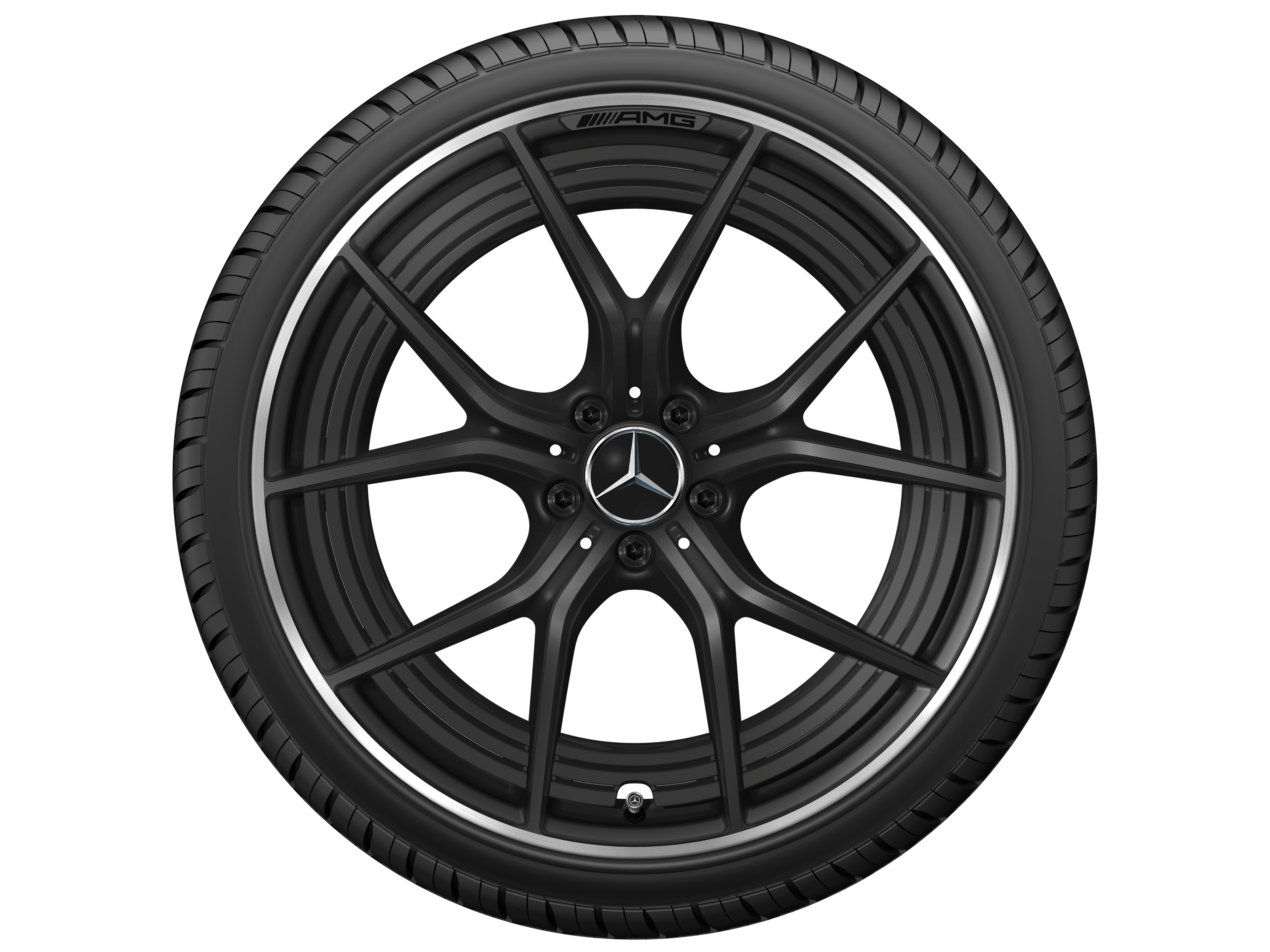 Obręcz kuta AMG z krzyżowymi ramionami, 53,3 cm (21 cali), Obrzeże obręczy polerowane na połysk - 11 J x 21 ET 33, czarny mat, obrzeże obręczy polerowane na połysk