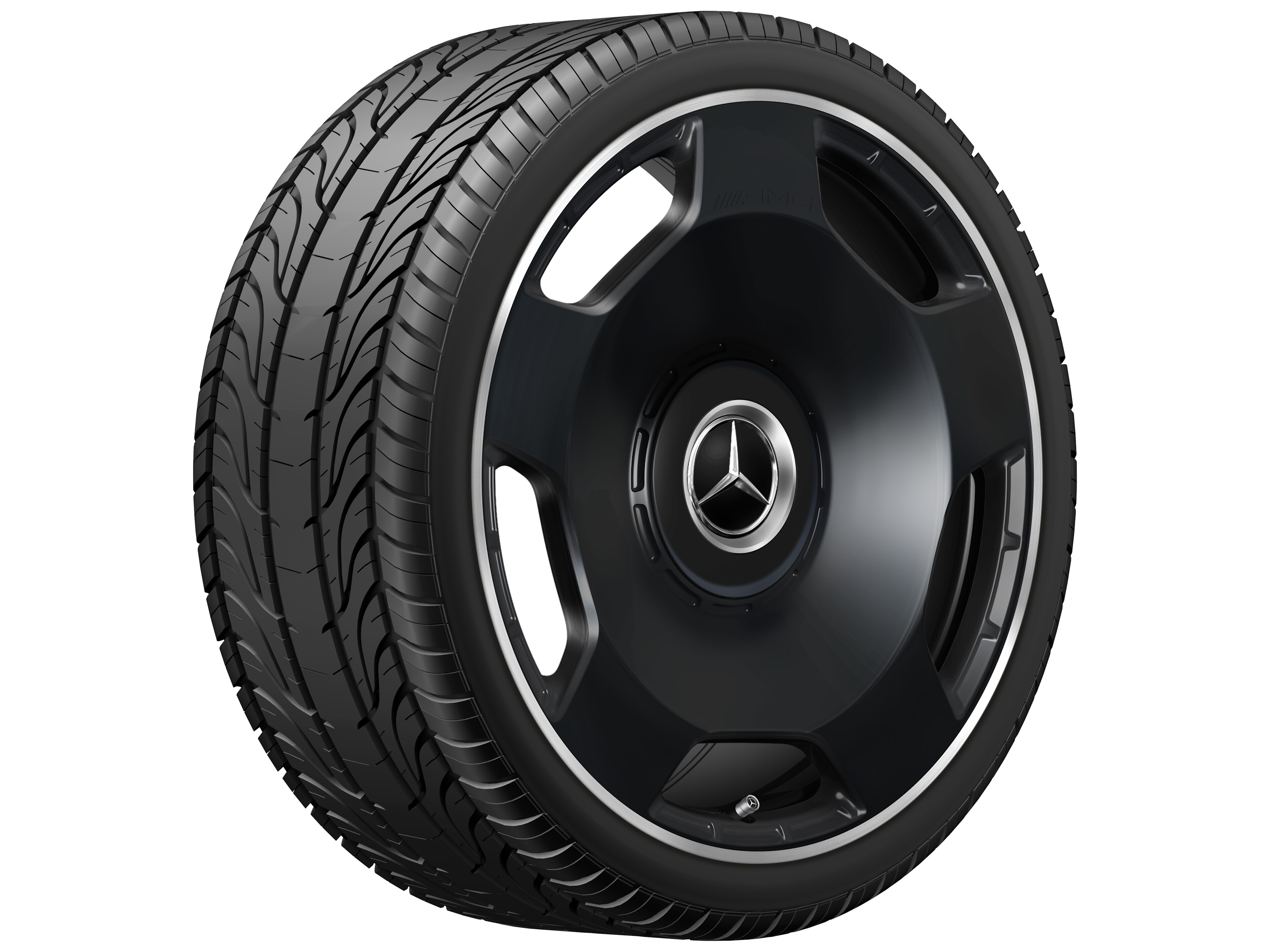 Obręcz kuta AMG 5-otworowe, 55,9 cm (22 cale), Obrzeże obręczy polerowane na połysk - 10 J x 22 ET 36, czarny mat, obrzeże obręczy polerowane na połysk