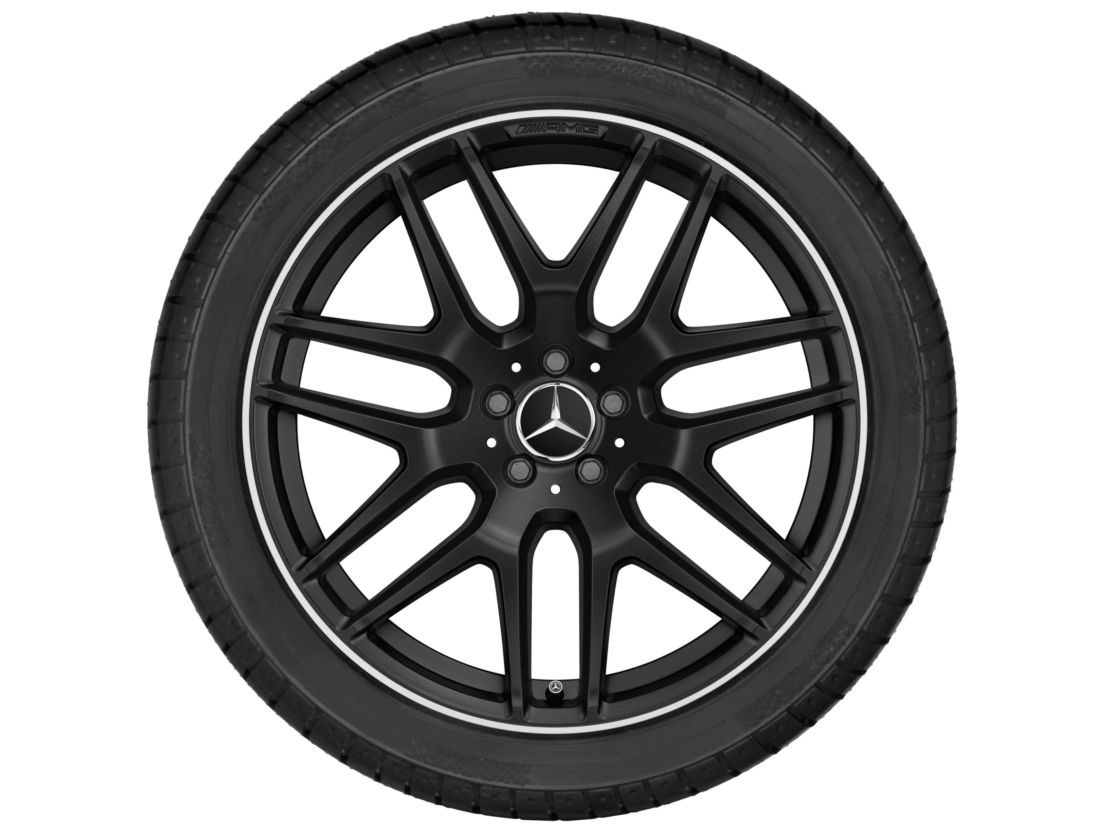 Obręcz AMG z lekkiego stopu, z krzyżowymi ramionami, 53,3 cm (21 cali), Obrzeże obręczy polerowane na połysk - 10 J x 21 ET 46, czarny mat, obrzeże obręczy polerowane na połysk