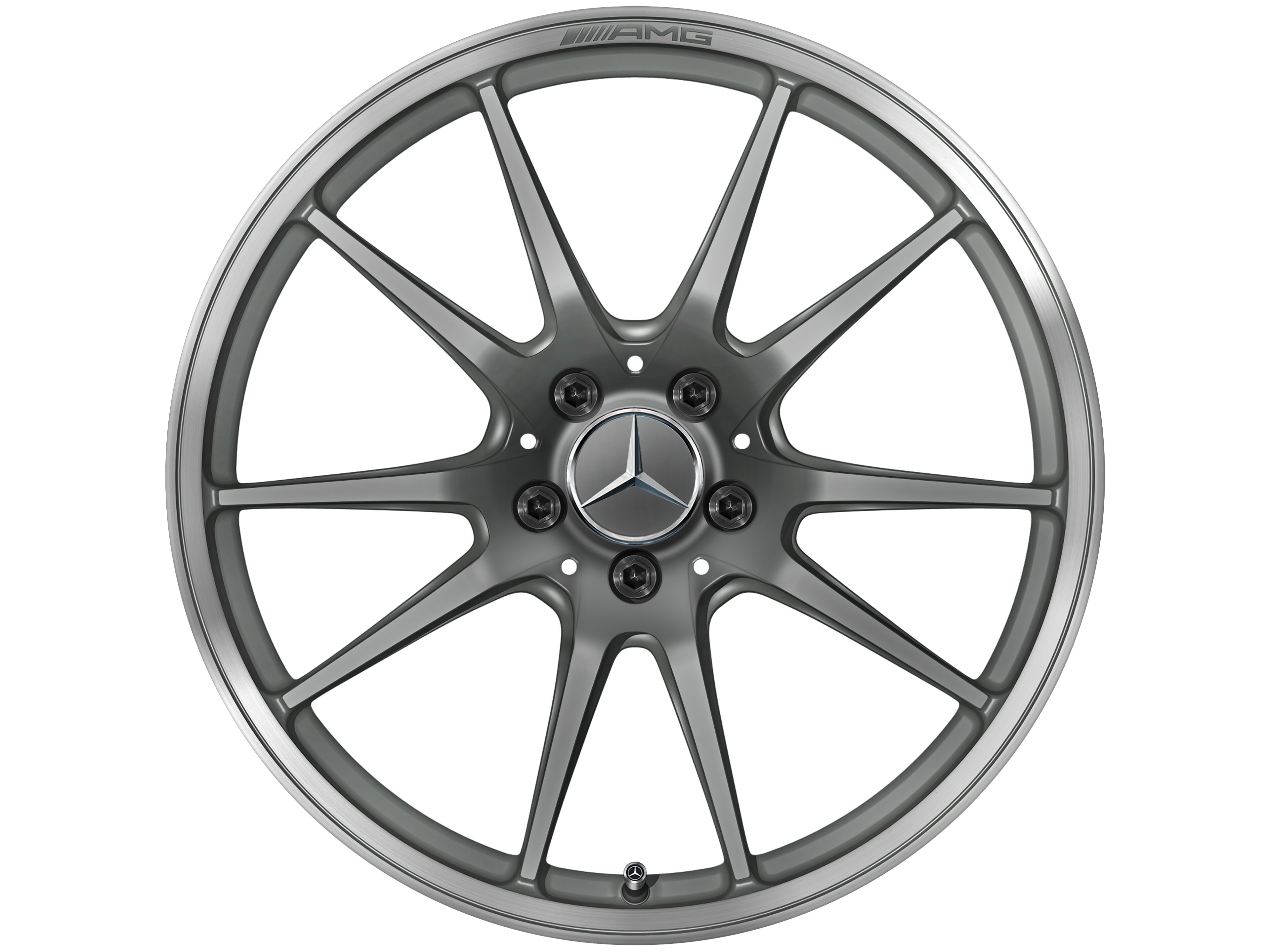Obręcz kuta AMG z 5 podwójnymi ramionami, 50,8 cm (20 cali), Obrzeże obręczy polerowane na połysk - 12 J x 20 ET 52, szarość tytanu mat, obrzeże obręczy polerowane na połysk