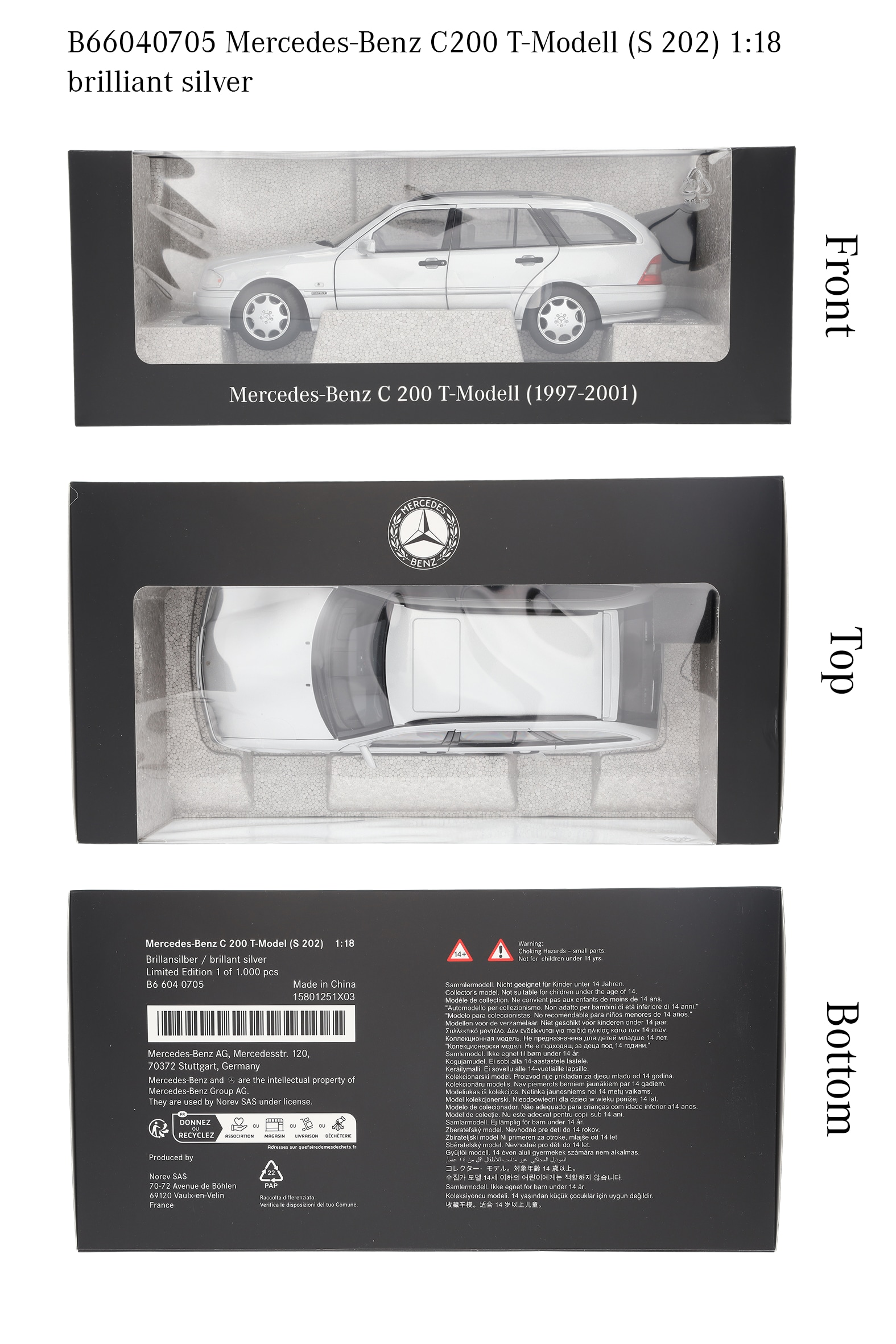 C 200 kombi S 202 (1997-2001) - srebrny brylantowy, Norev, 1:18