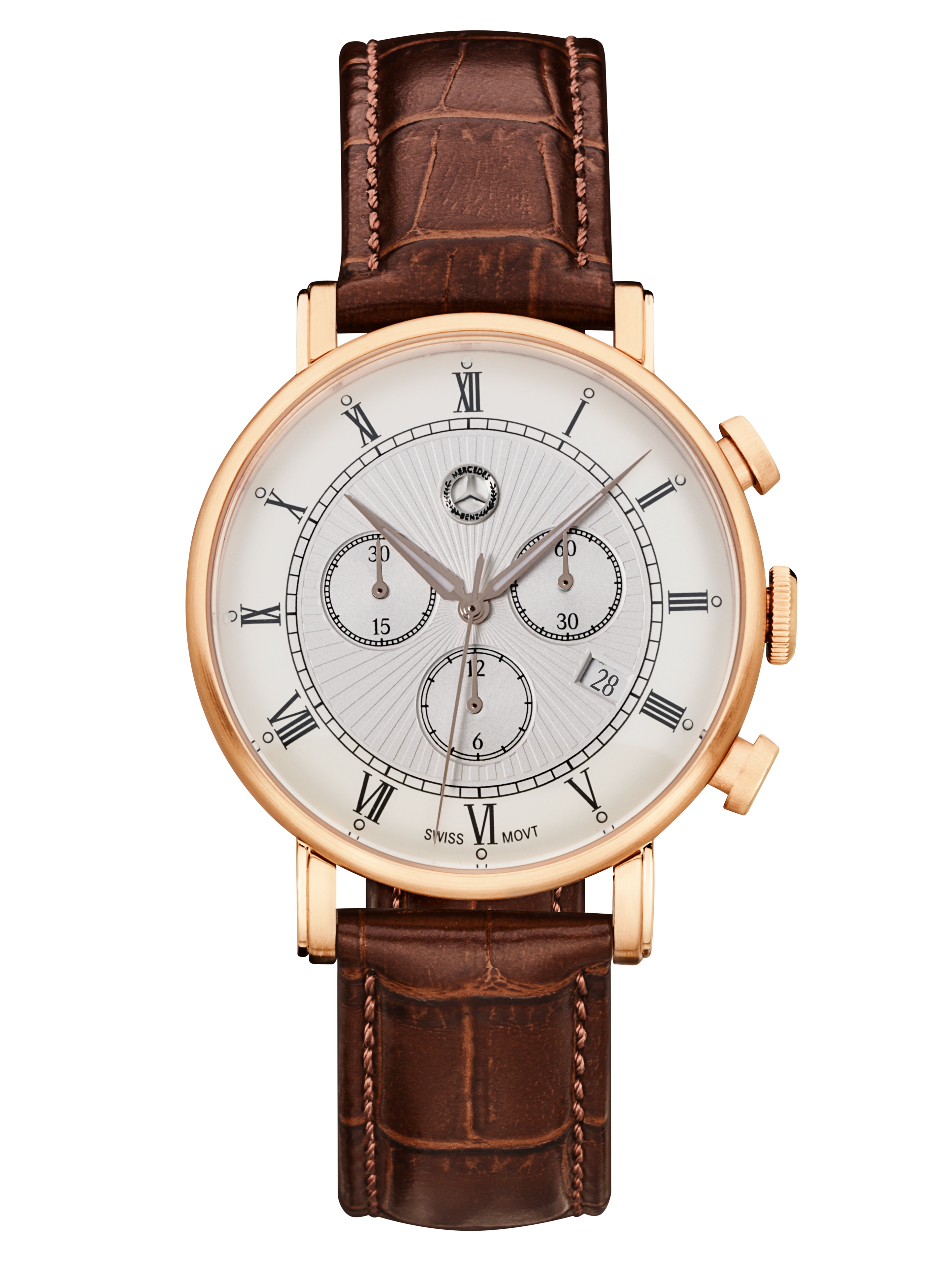 Męski chronograf, Classic Retro Gold - różowe złoto / brązowy, stal nierdzewna / skóra cielęca