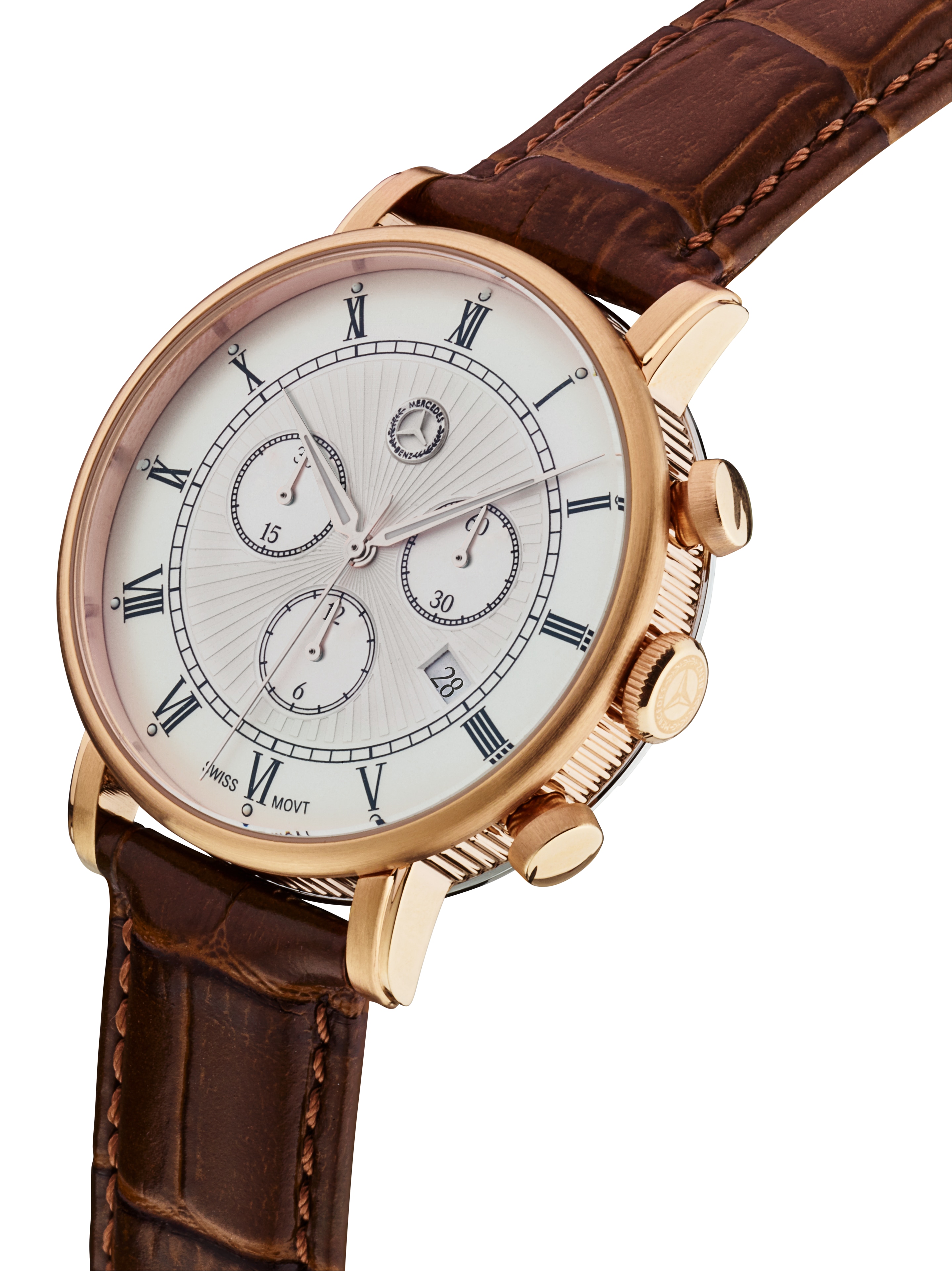 Męski chronograf, Classic Retro Gold - różowe złoto / brązowy, stal nierdzewna / skóra cielęca