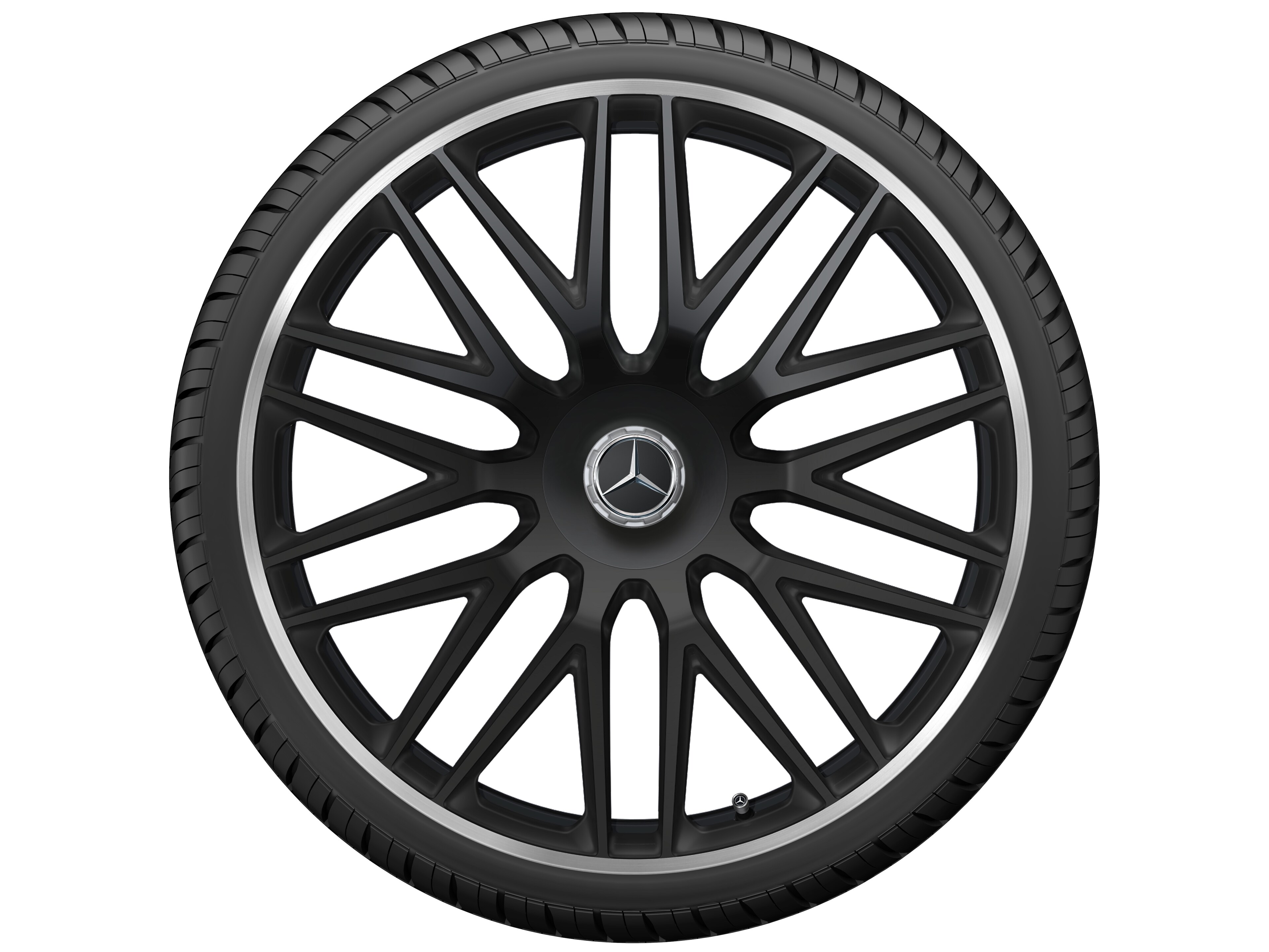 Obręcz kuta AMG wieloramienna, 58,4 cm (23 cale), Obrzeże obręczy polerowane na połysk - 11,5 J x 23 ET 47, czarny mat, obrzeże obręczy polerowane na połysk