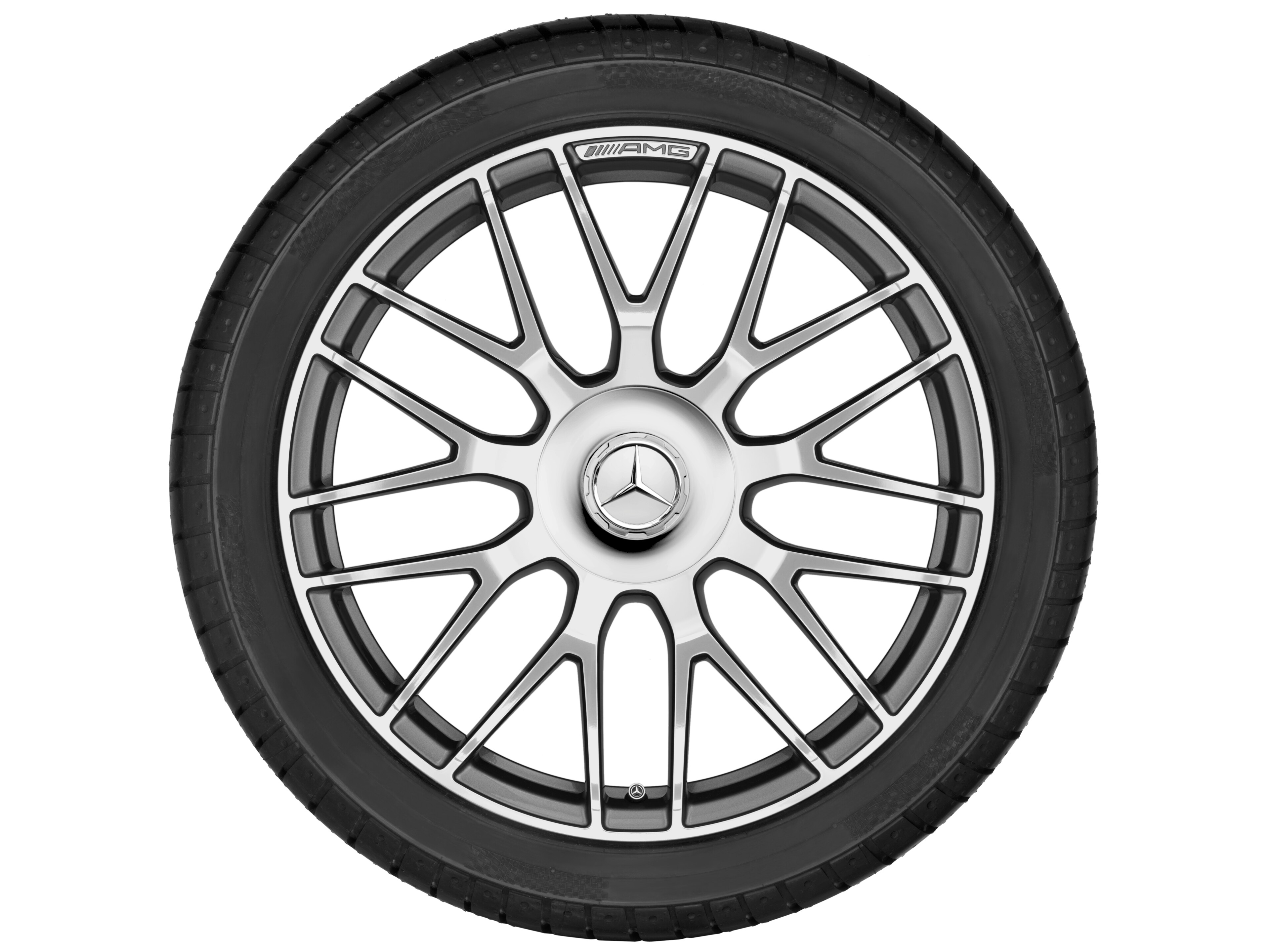 Obręcz kuta AMG z krzyżowymi ramionami, 50,8 cm (20 cali) - 10,5 J x 20 ET 57, szarość tytanu, toczone na połysk