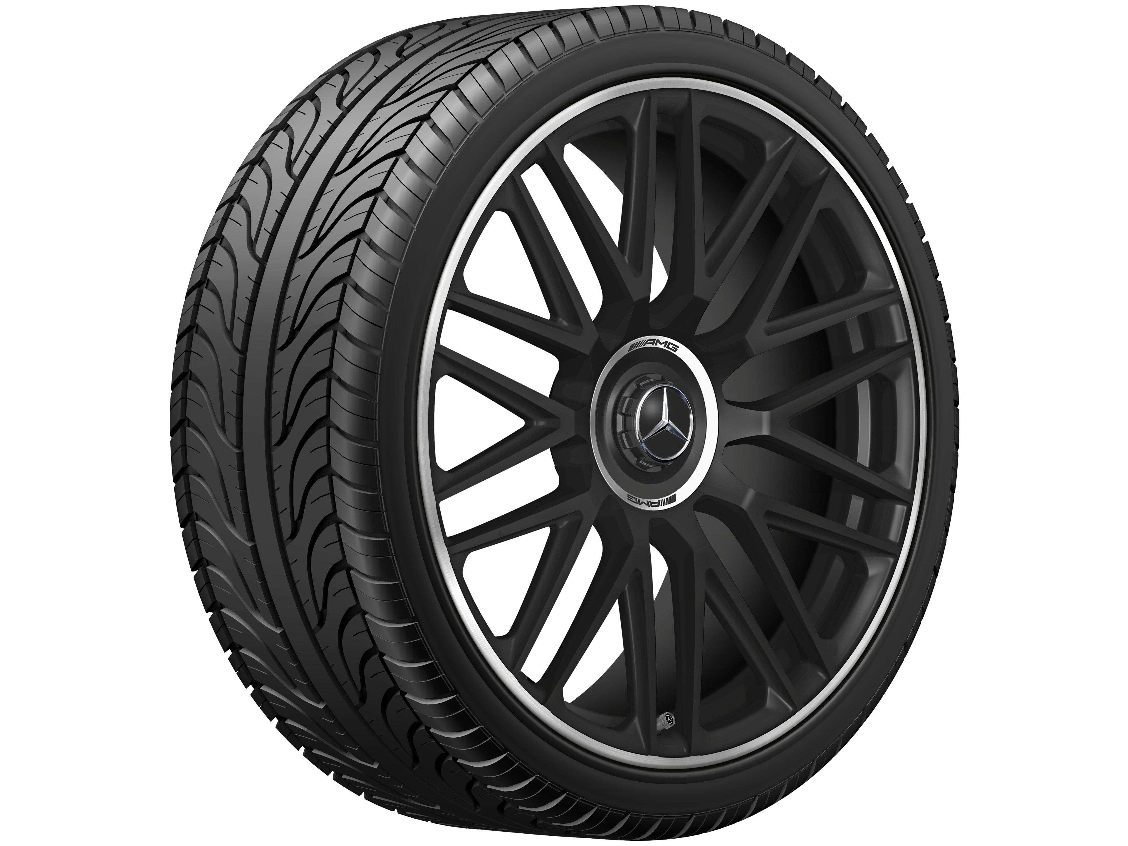Obręcz kuta AMG z 10 podwójnymi ramionami, 53,3 cm (21 cali), Obrzeże obręczy polerowane na połysk - 10,5 J x 21 ET 42, czarny mat, obrzeże obręczy polerowane na połysk