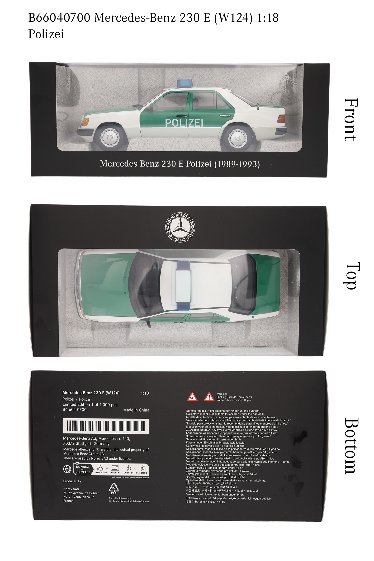 230 E W 124 (1989-1993), Limuzyna, Policja - biały / zielony, Norev, 1:18