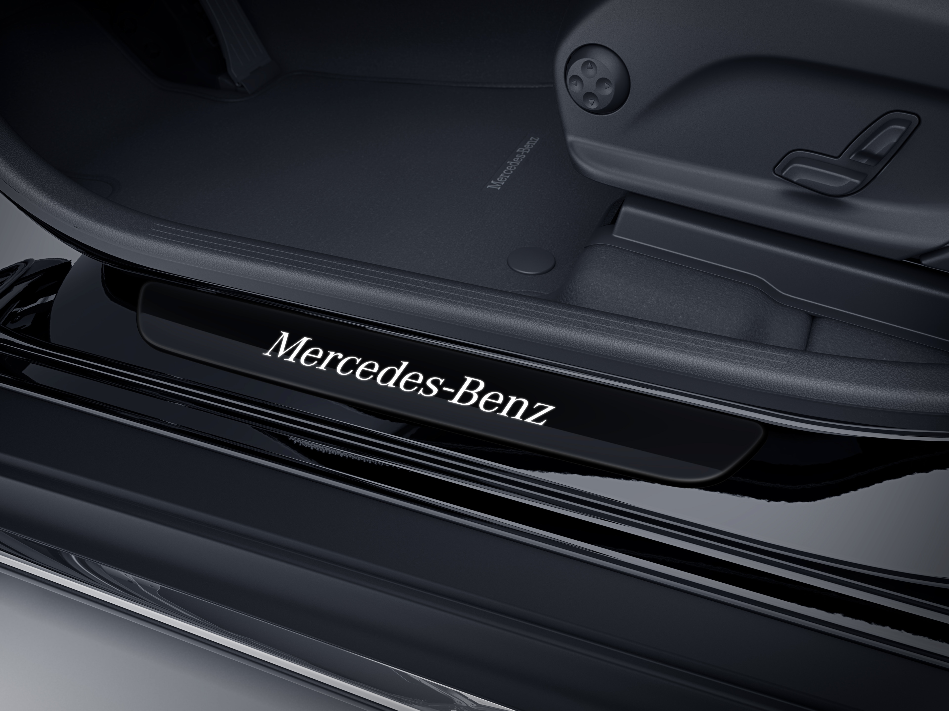 Wymienna nakładka na podświetlaną listwę progową, Mercedes-Benz, z przodu, 1-elementowy - stal nierdzewna, czerń / biały, błyszczące